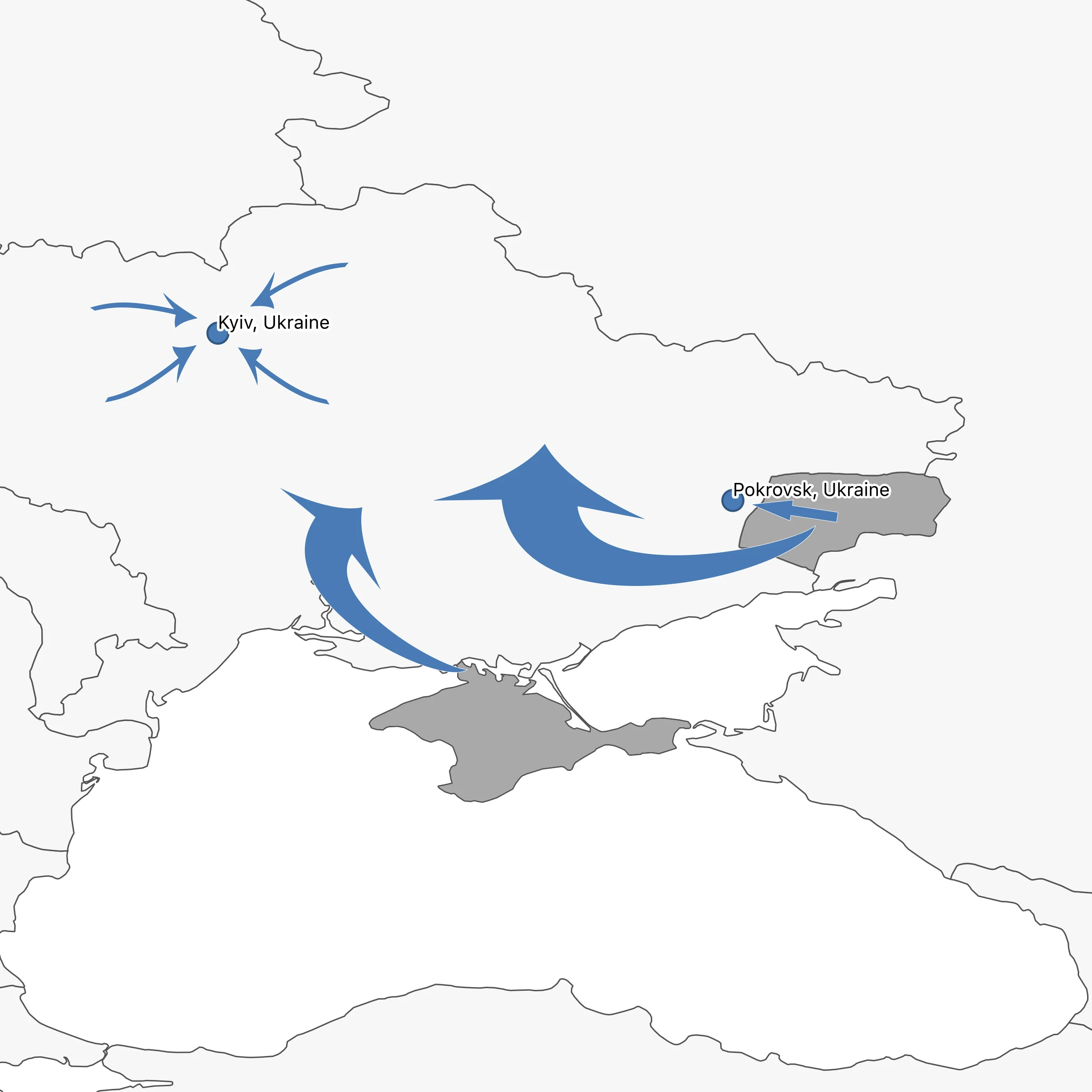 Large arrows represent primary migration of IDPs from conflict areas; thinner arrows represent secondary migrations where IDPs join other migrants seeking work and educational opportunities in Kyiv.