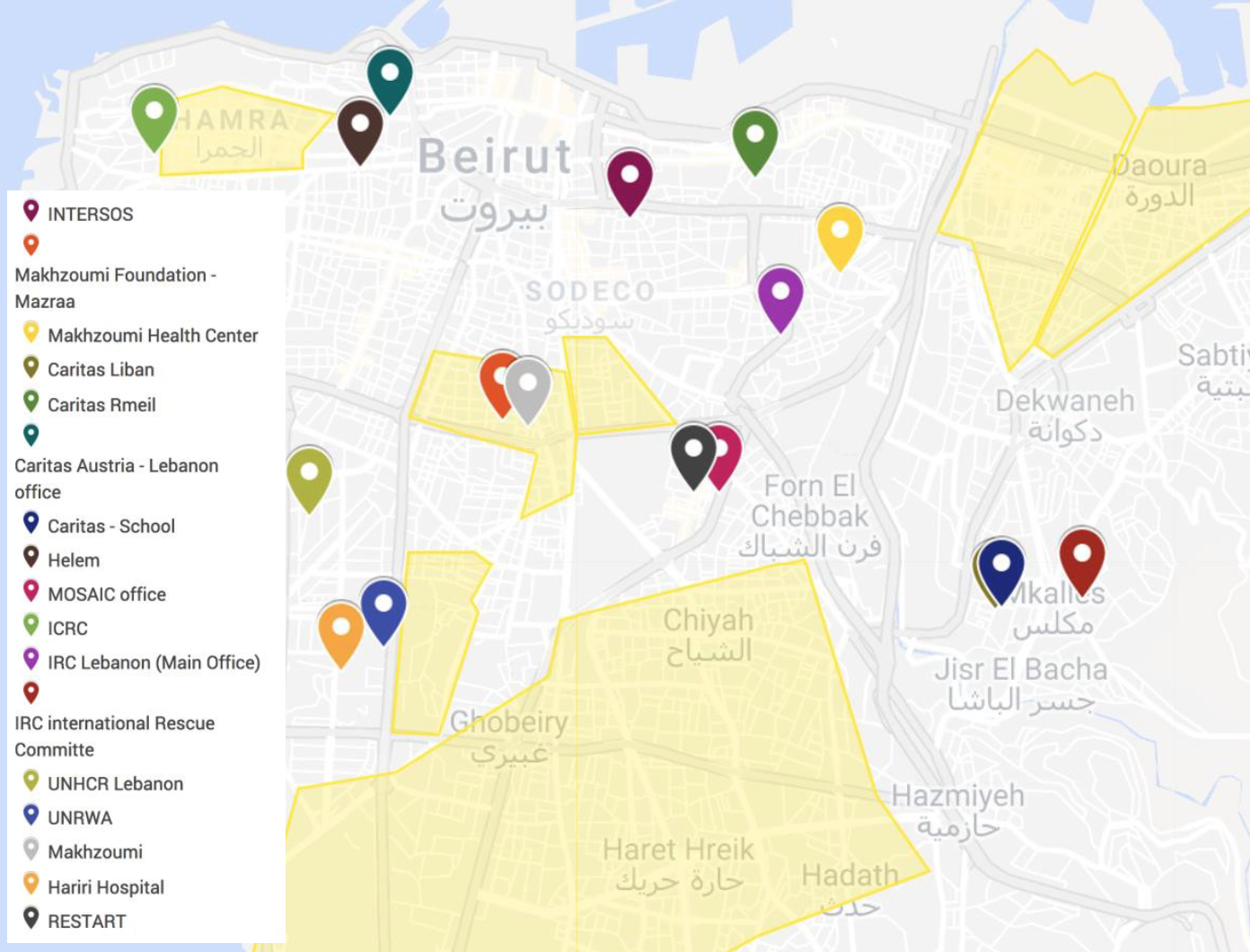 Map of Syrian refugee residential areas (yellow tiles) and LGBTQI+ aid organizations (colored points) in Beirut. Map imagery © Google 2019.