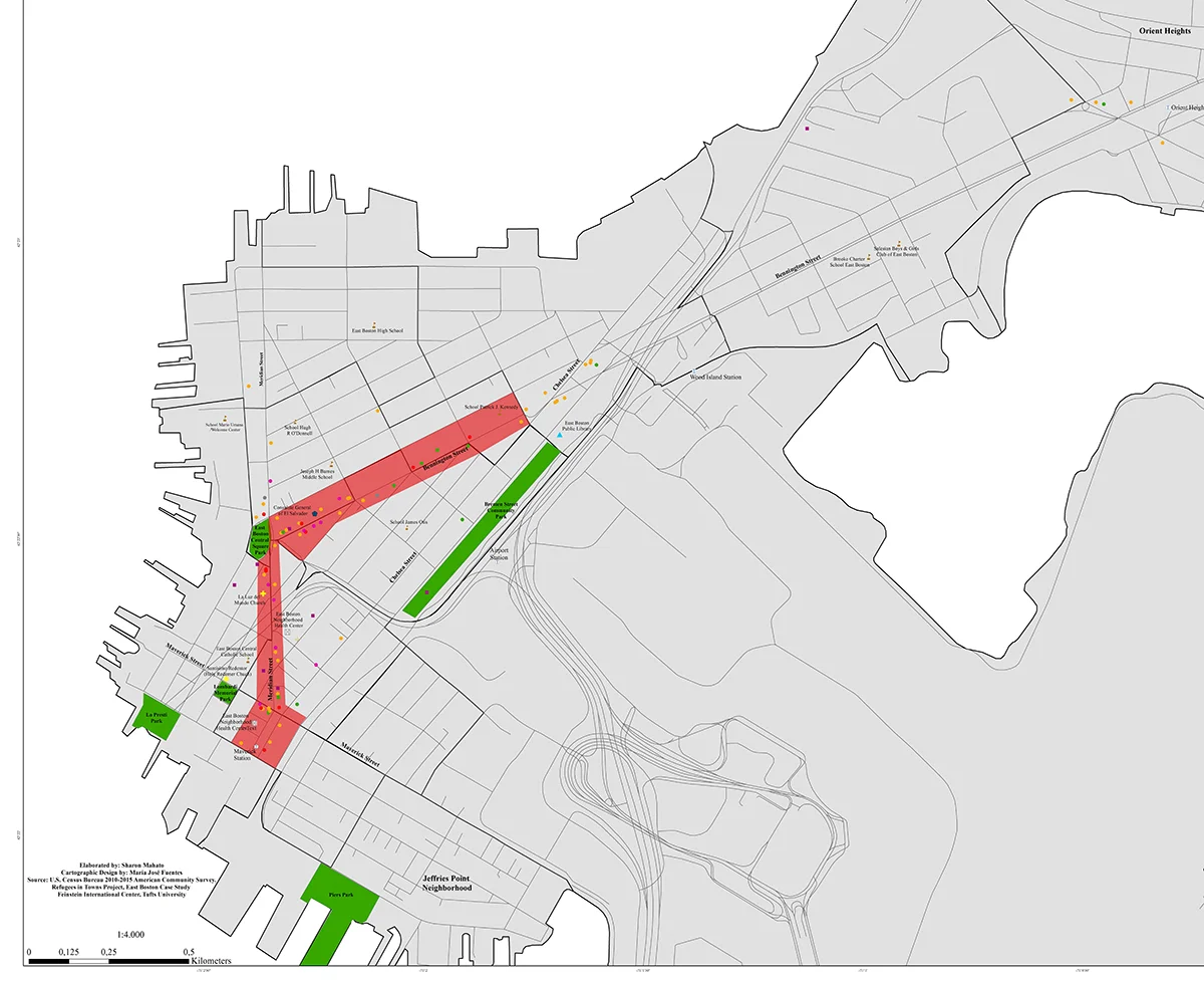 Spaces identified in East Boston supportive of integration. Map by author.
