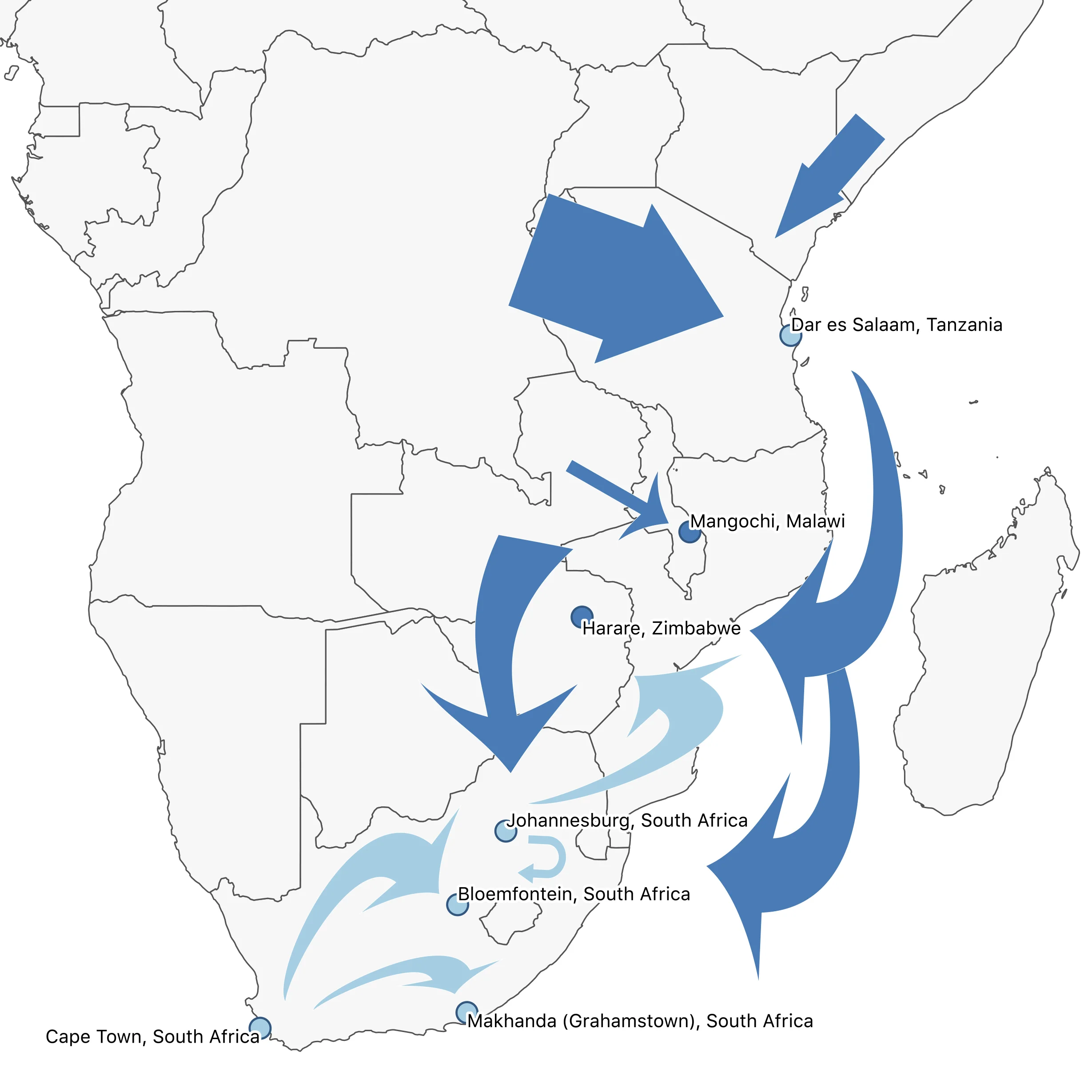 Johannesburg is both a host and a transit city in the Southern Africa route. Click the map to learn more about the route , and to read other RIT reports from cities and towns linked together by these movements of people.