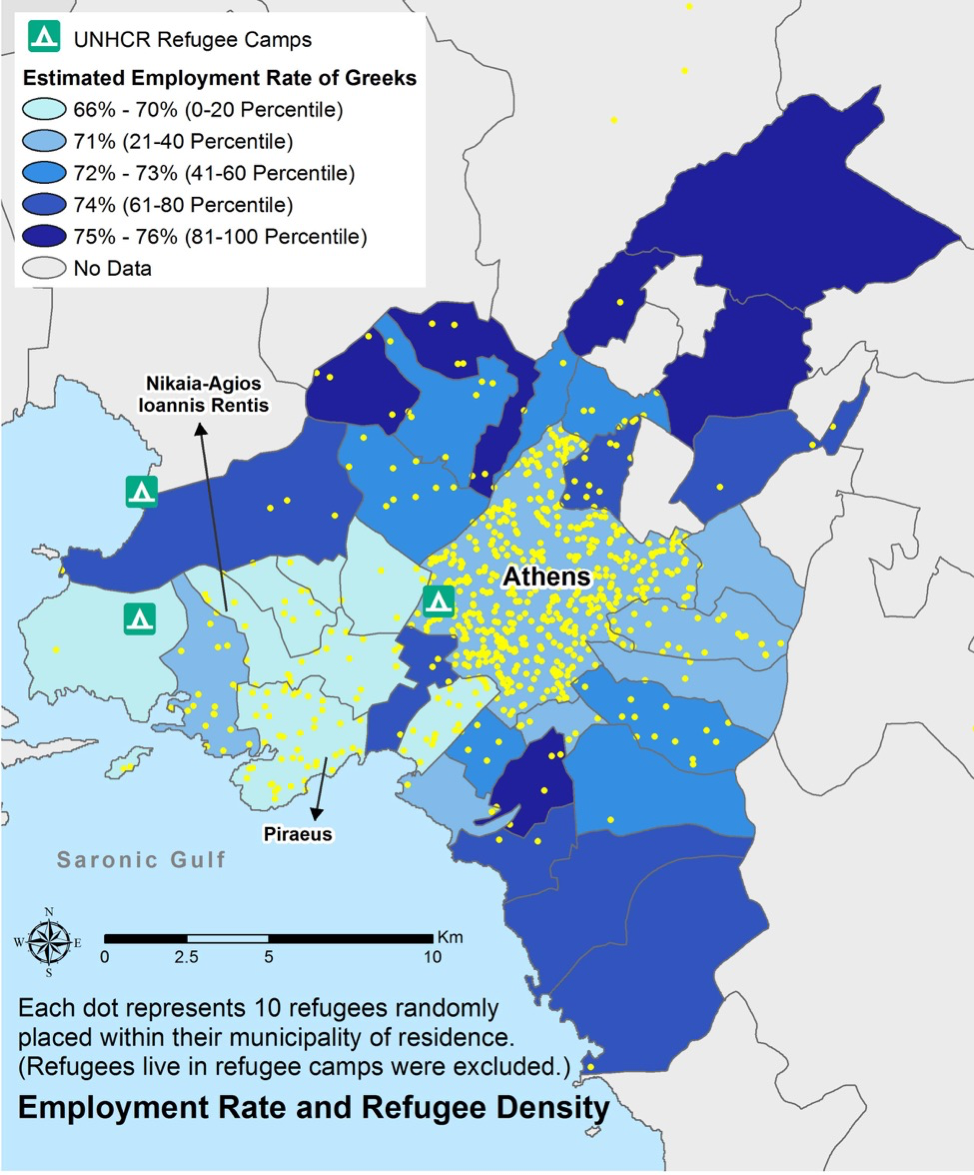 Map 2: Employment Rate and Refugee Density Refugee Density per employment rate in different municipalities across Athens. Data source: ELSTAT, 2017; UNHCR. Cartographer: Jifan Wang. Click to enlarge map.