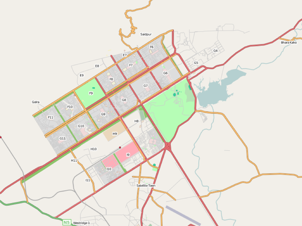 View of the grid pattern of Islamabad. Map imagery © OpenStreetMap 2019. Click map to enlarge.