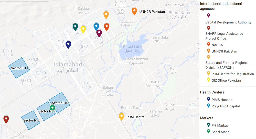 While services have clustered in downtown Islamabad (upper right), residences have sprawled into informal settlements and “former neighborhoods” (shaded blue). Map by author. Base map imagery © Google 2019. Click map to enlarge.