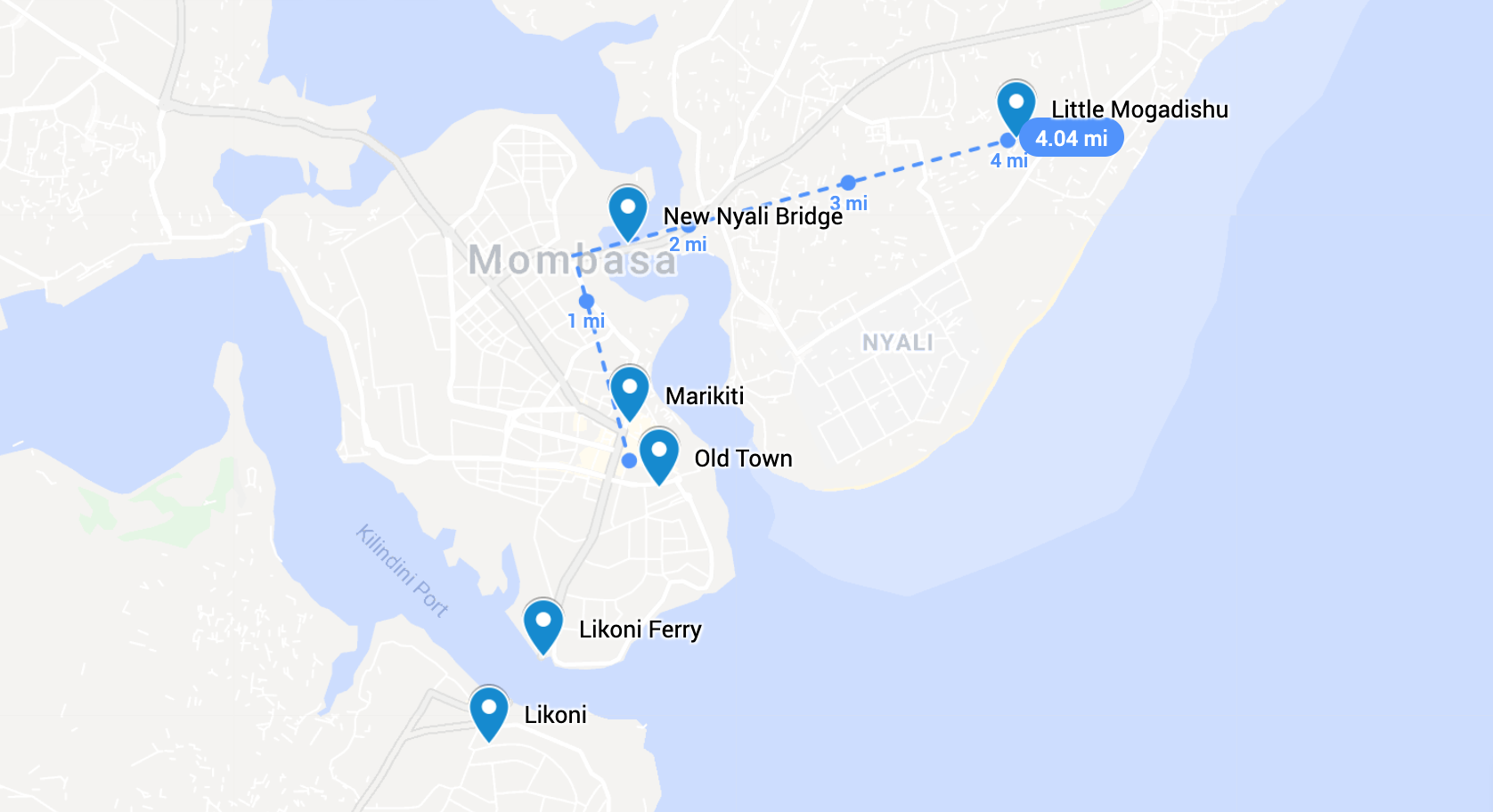 Map 1. The heart of Mombasa is an island, 3 miles across (5 km). The island is separated by the Mombasa harbor from Nyali, a sprawling suburb that includes the Somali-majority neighborhood known as “Little Mogadishu.” Base map imagery (C) Google 202…