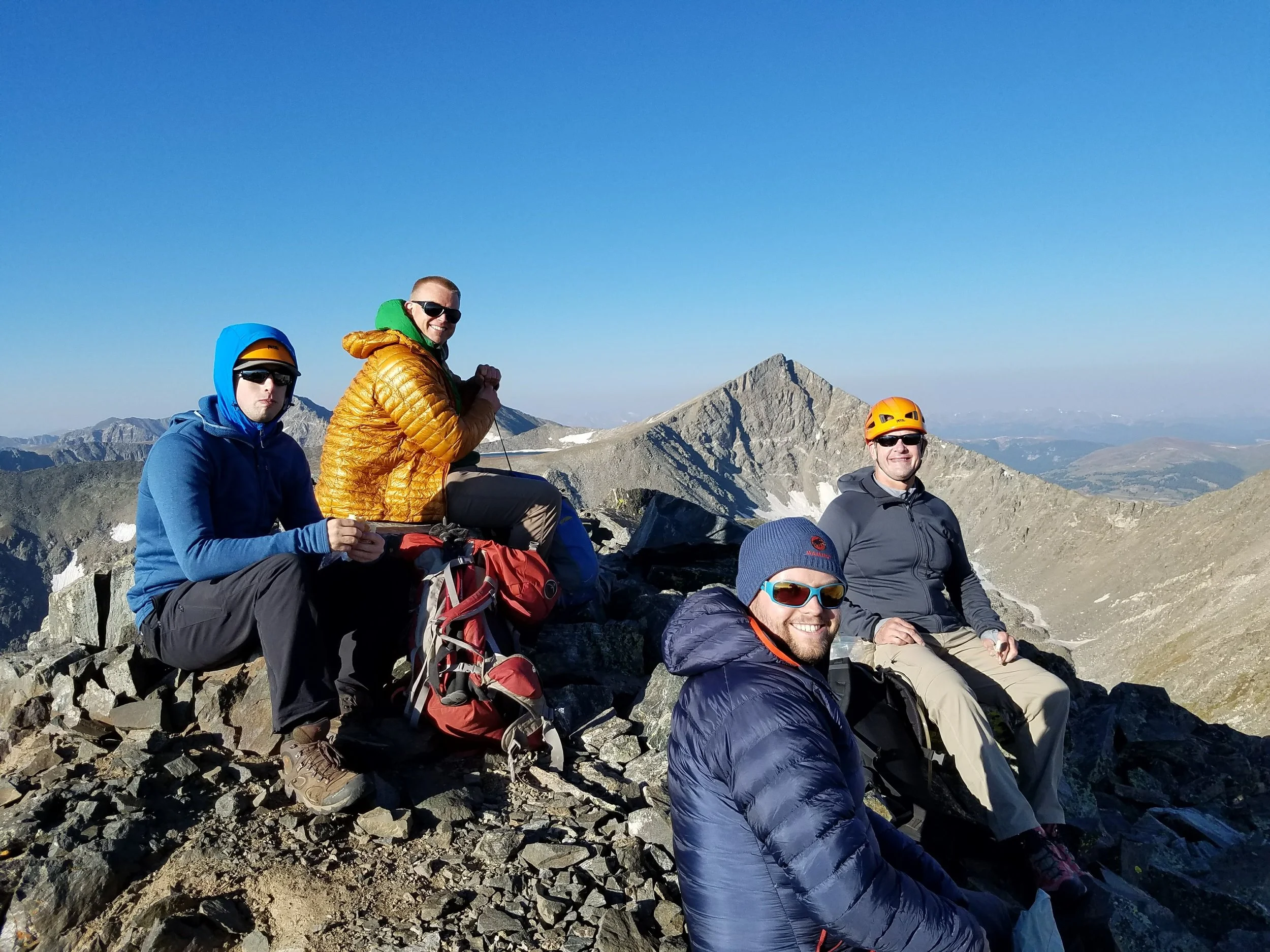 First summit of the day, Father Dyer (13,612') with Pacific Peak (13,950') in the background. Photo: Emily Weyburne