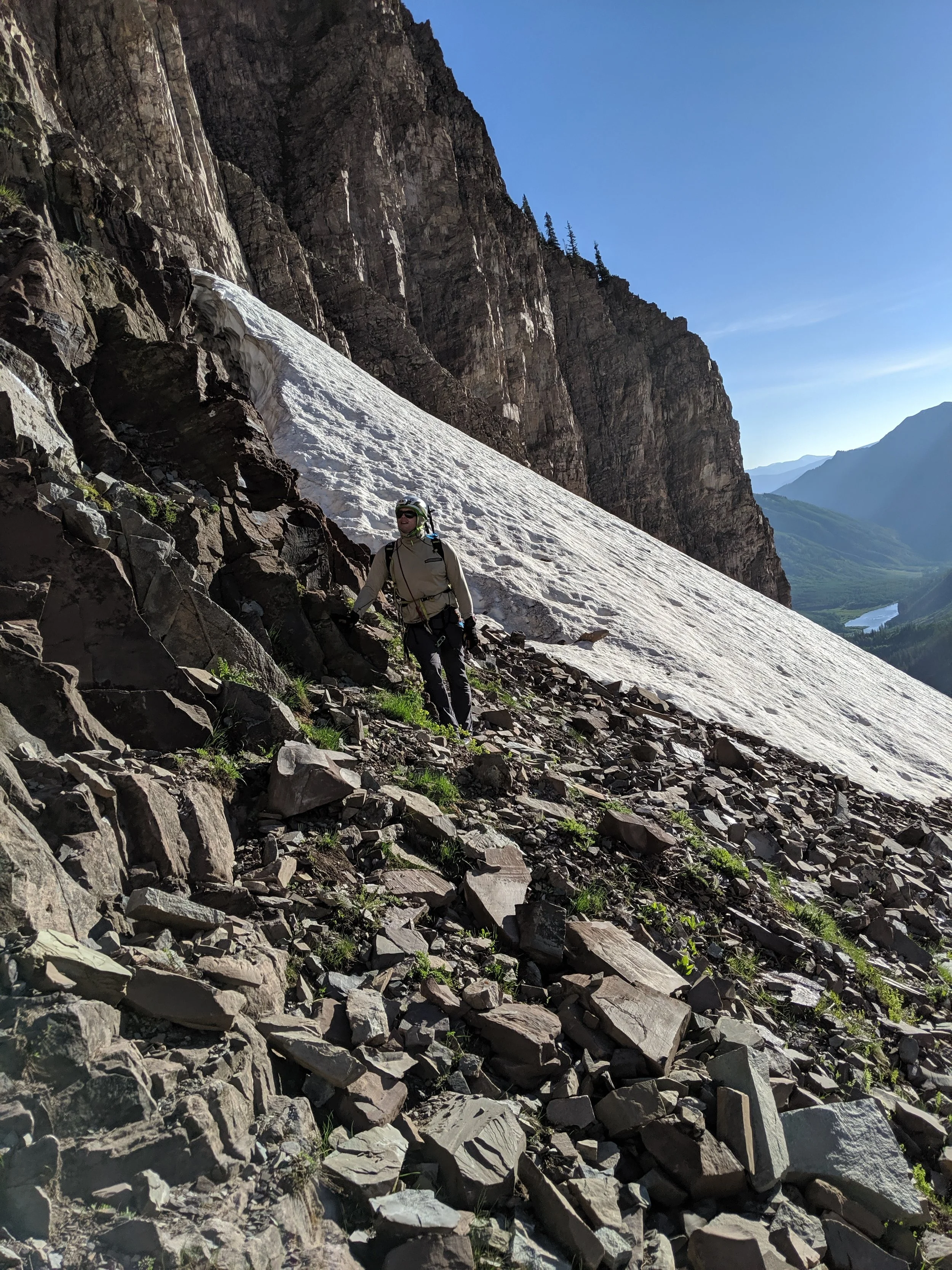 a glance back at the snowfield we climbed above the bergschrund