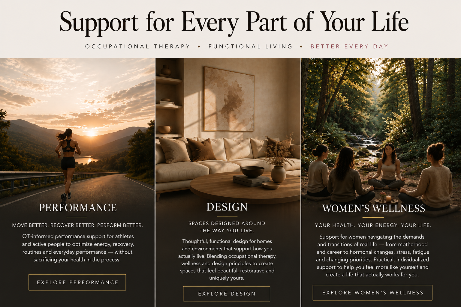 Elite performance athletes, interior design, women's health and wellness