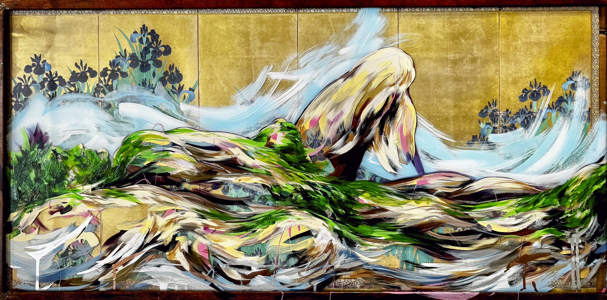 Orchid Field - Acrylic and resin on glass frame 43" x 21"