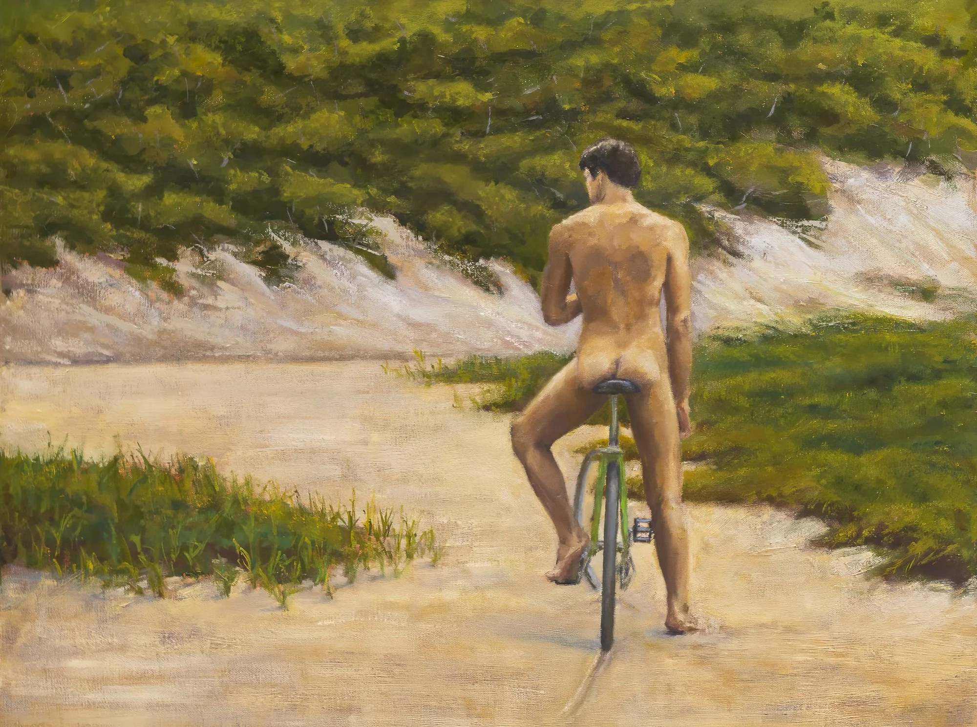 Eric Price, Dune Coasting, 2026, oil on canvas 18x24 in, nude male figure on bicycle on Provincetown dune path, figurative oil painting Cape Cod