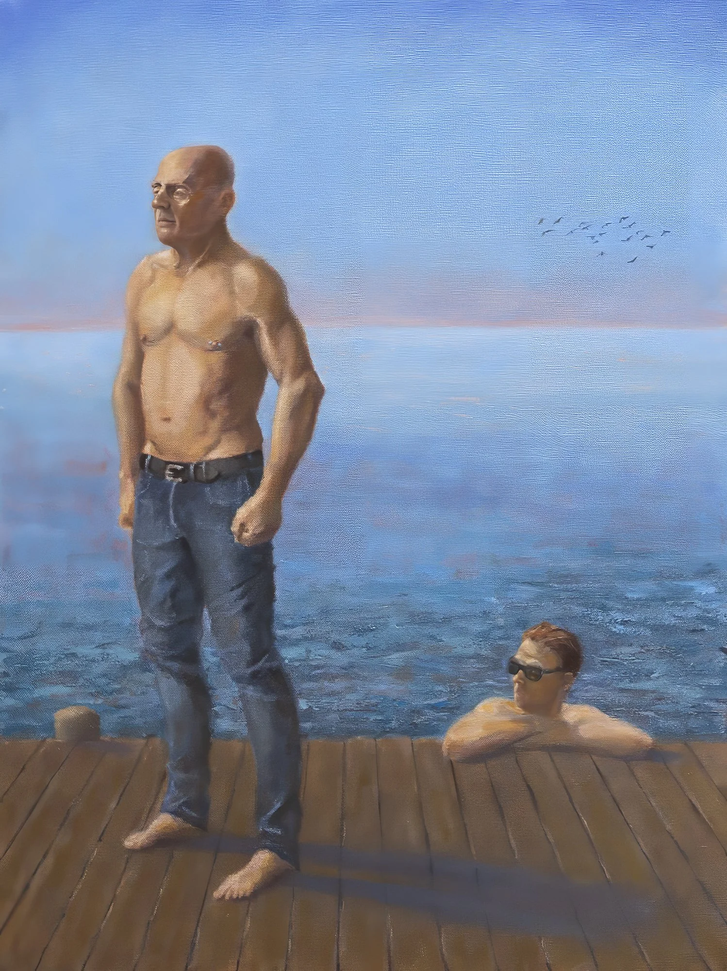 Eric Price, Above Water, 2026, oil on canvas 24x18 in, two men on Provincetown dock, generational encounter figurative oil painting, Greg Salvatori Gallery