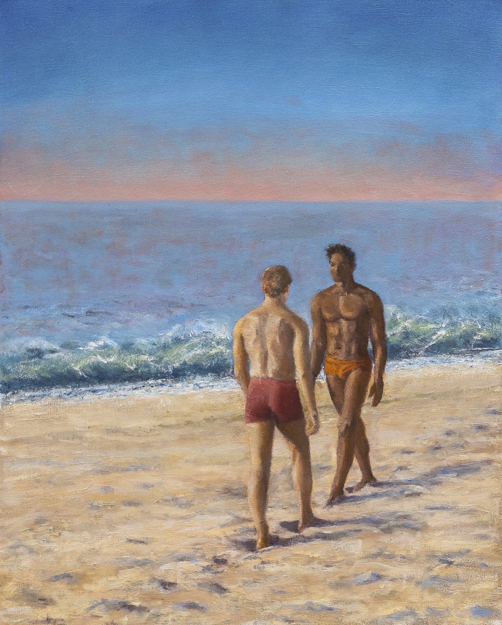 Eric Price, Come Together, 2026, oil on canvas 20x16 in, two men at ocean's edge at dusk Cape Cod, figurative oil painting Greg Salvatori Gallery