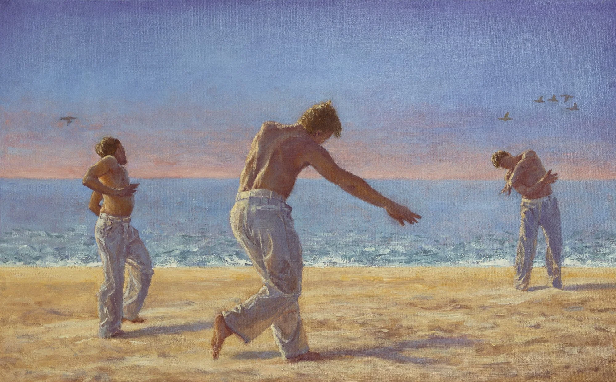 Eric Price, Three Movements in Light, 2026, oil on canvas 18x29 in, male dancer in three poses on Race Point Beach Provincetown at dusk, Greg Salvatori Gallery