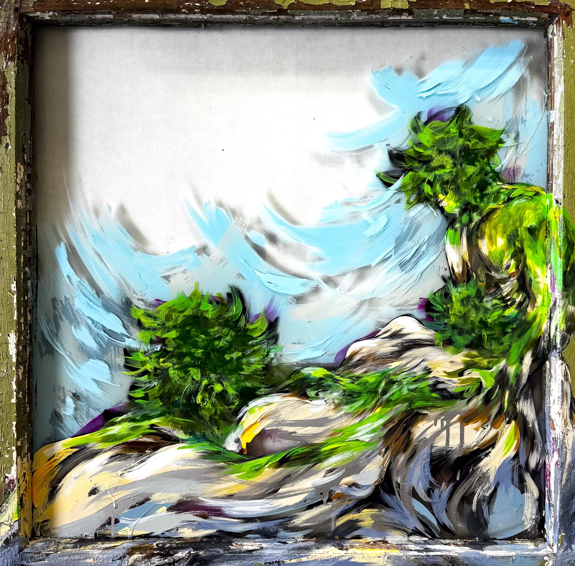 Vista 5 - Acrylic and resin on window pane 28" x 27"