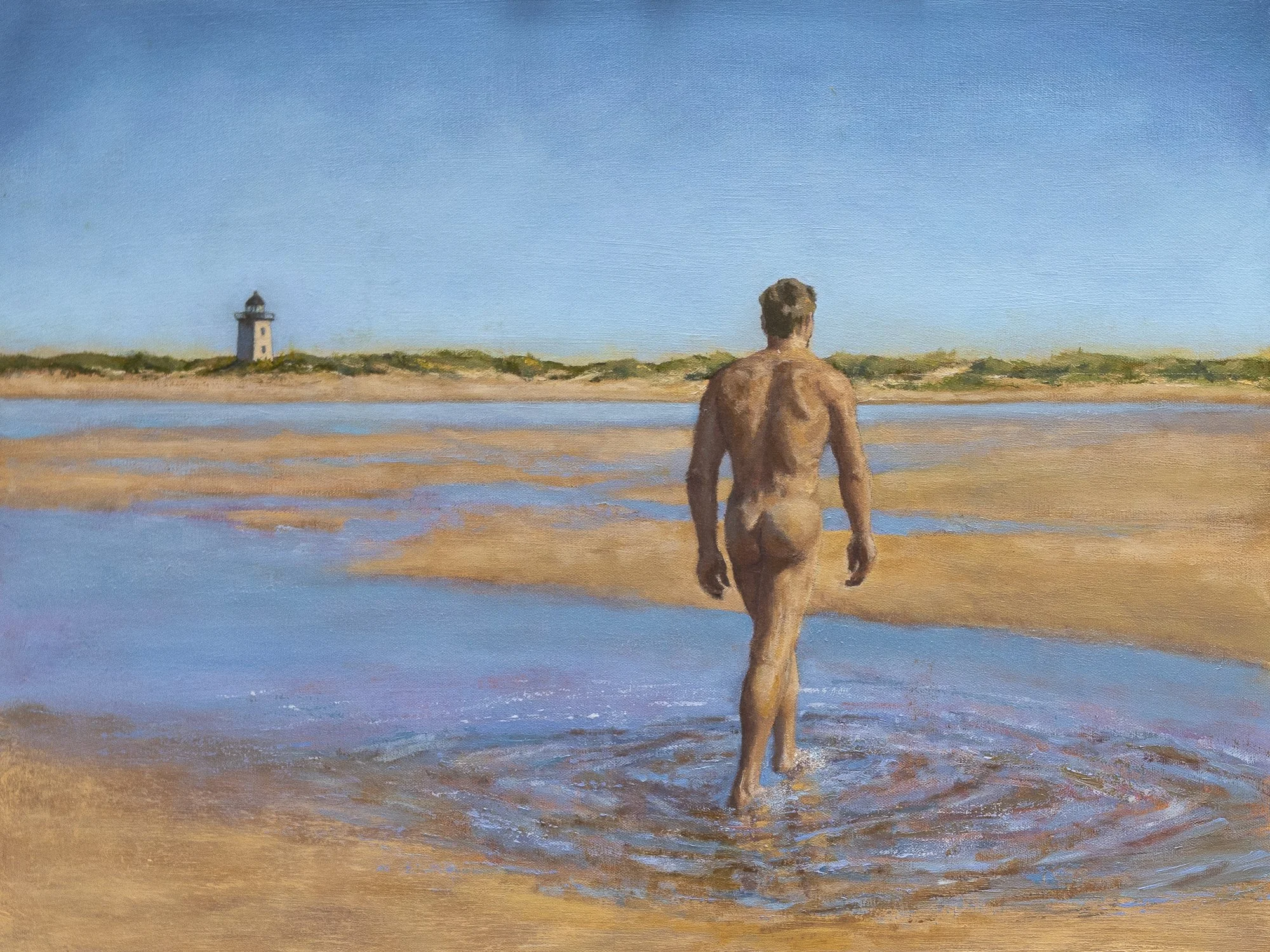 Eric Price, Nothing to Declare, 2026, oil on canvas 18x24 in, nude male figure walking toward Wood End lighthouse Provincetown tidal flats