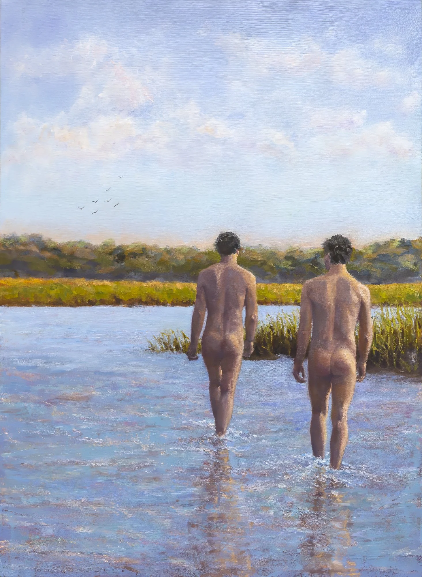 Eric Price, Exhale into Open Sky, 2025, oil on canvas 30x20 in, two nude male figures wading into Provincetown marsh tidal flats, Greg Salvatori Gallery