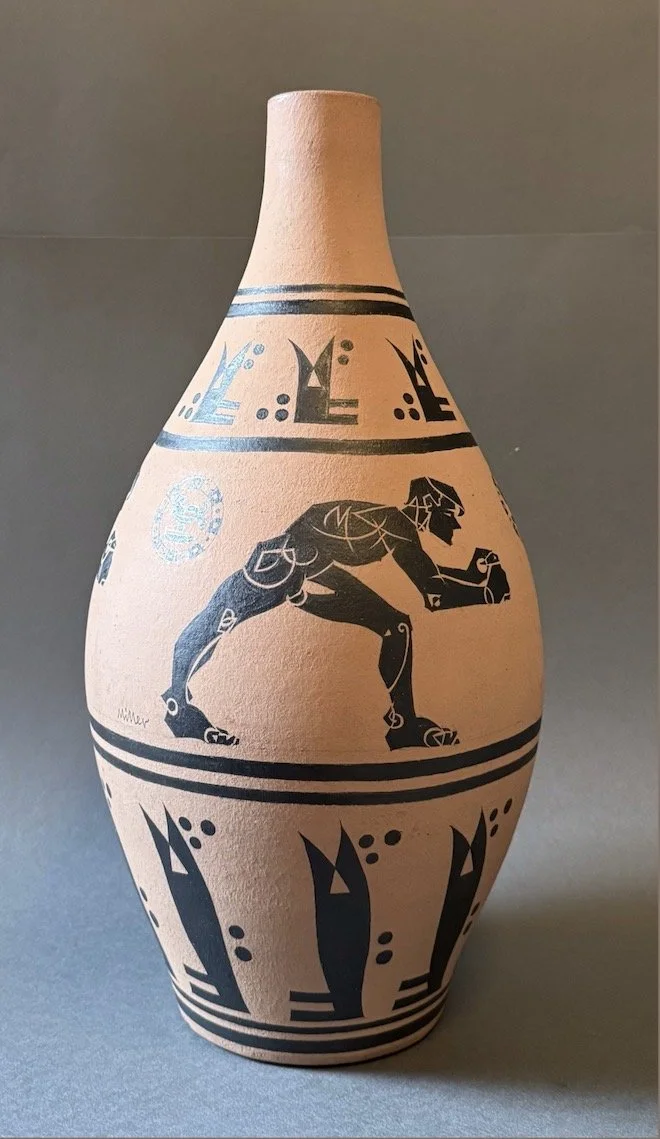 "Pushing Ahead" 15" x 8" x 8". Painted terra Cotta Vase.jpg