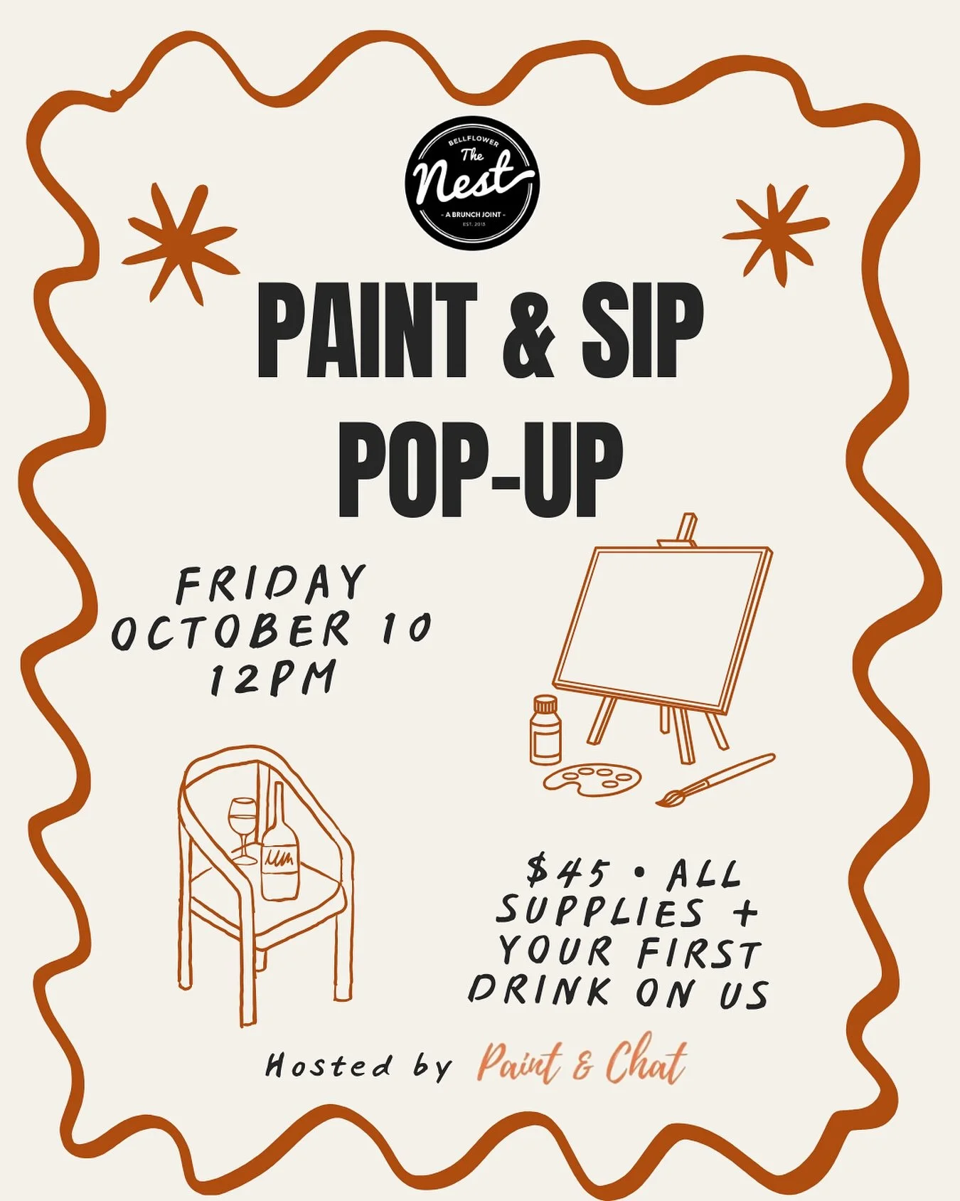 🍂 October is looking fall-tastic at The Nest! 🎨✨
Join us for our first Paint &amp; Sip Pop-Up on the patio, Friday, Oct 10 at 12 PM!

Bring your partner, your besties, your parents, or just treat yourself to a cozy Friday afternoon of creativity, s