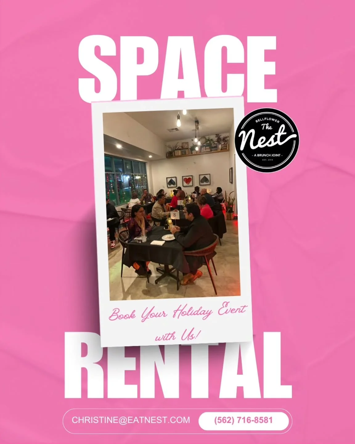 *RENT OUR SPACE AT THE NEST*

Perfect for Parties, Events, &amp; Private Gatherings

Host Your Event With Us

Our cozy, modern brunch space transforms beautifully for:
- Birthday Parties
- Baby &amp; Bridal Showers
- Team Meetings
- Rehearsal Dinners
