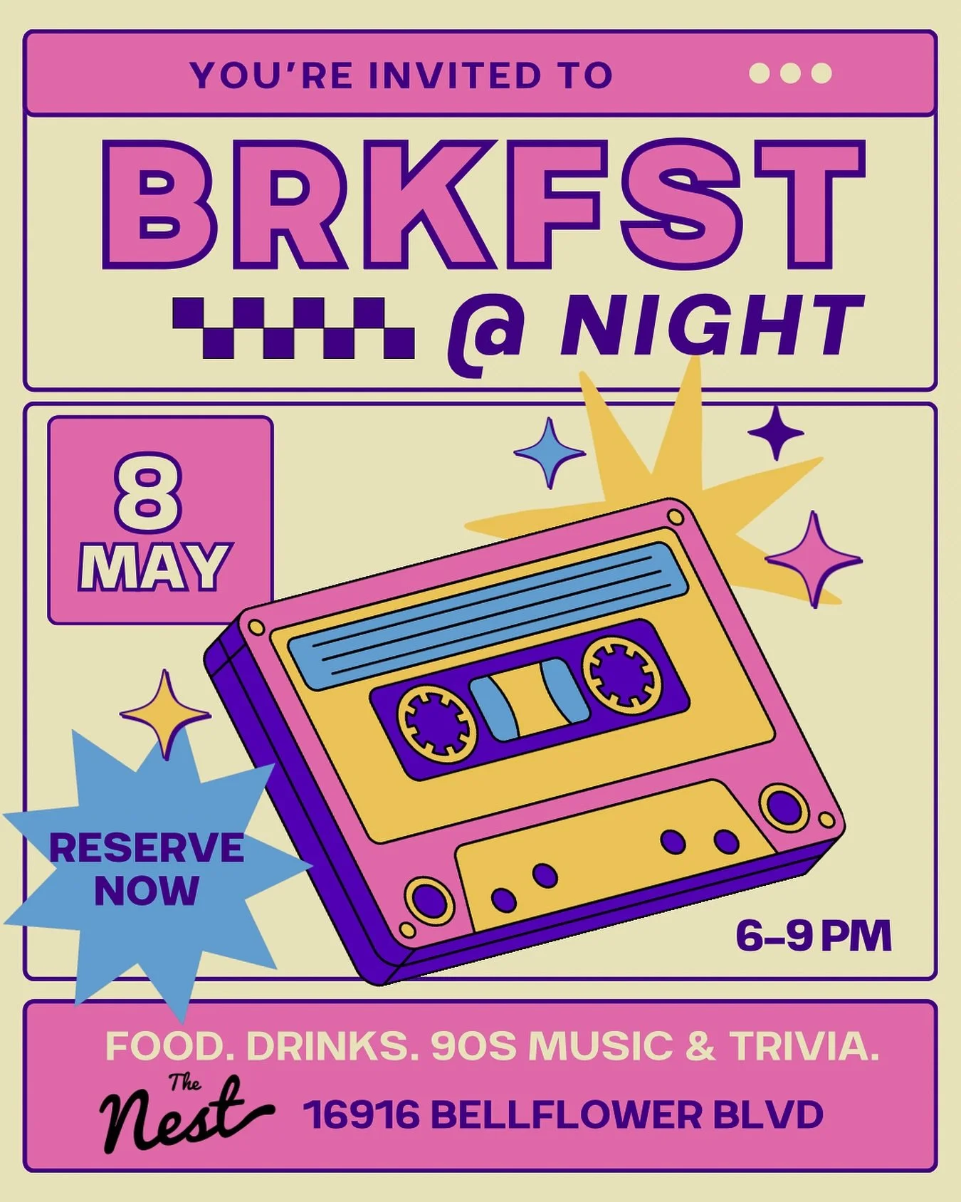 BRKFST @ NIGHT is back at The Nest! 💫Join us Friday, May 8th from 6&ndash;9PM for a night of throwback 90s vibes, your favorite jams, and our full menu&mdash;served after hours.

Come dressed in your best 90s fit (if you&rsquo;re feeling it) and enj