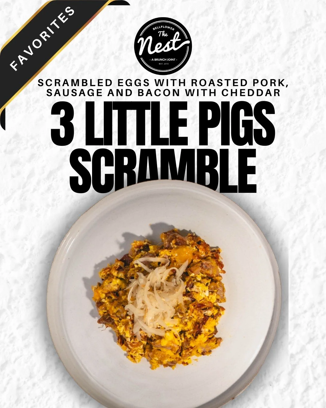 The 3 Little Pigs Scramble comes loaded with bacon, sausage, ham, eggs, and enough protein to carry your whole day.

#brunch #bellflower #socal #downey #losangeles