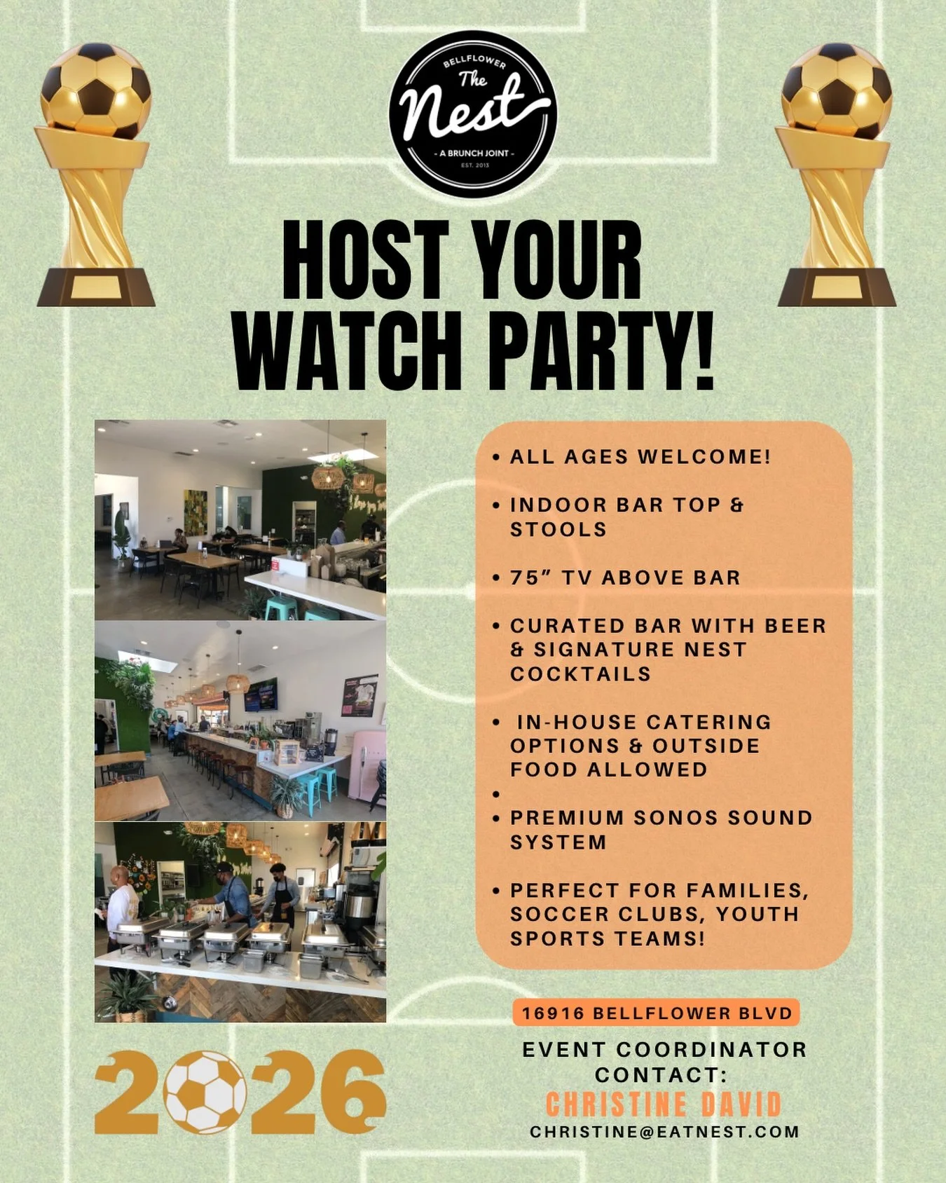 ⚽🏆 Looking for the perfect spot to watch the World Cup matches? Host your watch party at The Nest!

✔️ All ages welcome
✔️ 75&rdquo; TV above the bar
✔️ Premium Sonos sound system
✔️ Beer, cocktails &amp; catering options
✔️ Outside food allowed
✔️ 