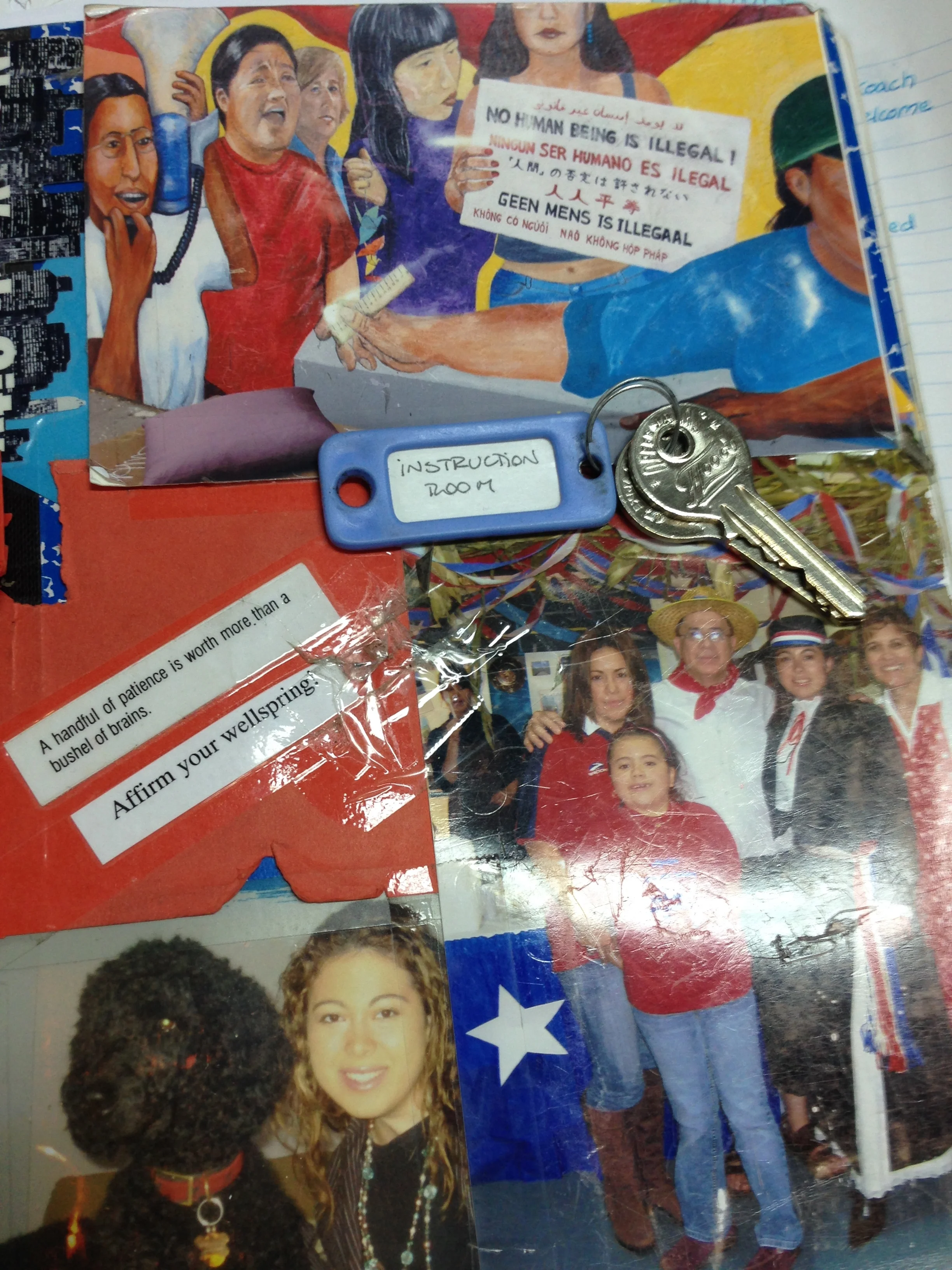 cuaderno de escritura (uno de varios) personalizado con fotos y palabras que tienen gran significado para mi (también con llaves que me prestaron por el día en un colegio) / personalized writing notebook (one of many) with meaningful pictures and words (also with keys that I had for a day at a school) 