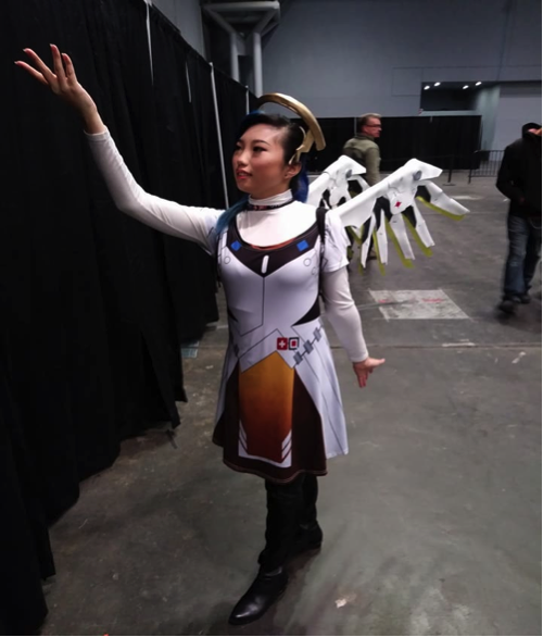  Jayne Linn cosplaying as Mercy from Overwatch. 