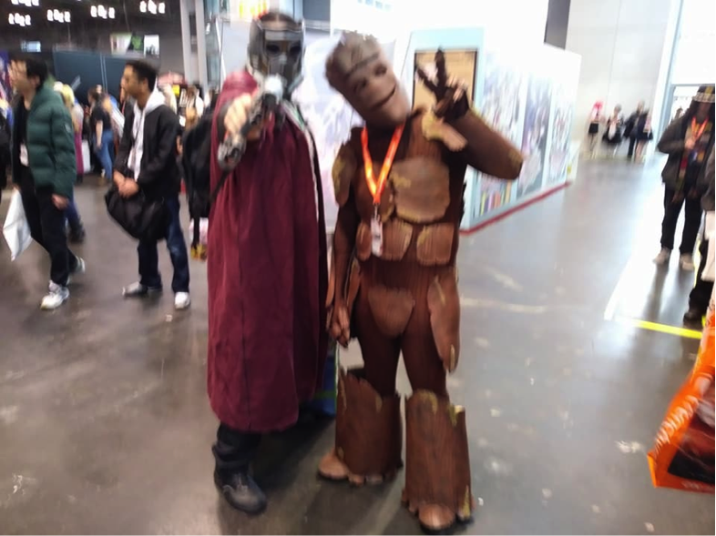  Red and Fat Man of True Epic Cosplay, cosplaying as Star Lord and Groot from Guardians of the Galaxy. 