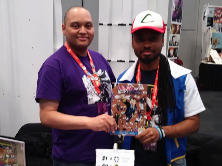  Derrick Charles and Sojuan Newton promoting their comic book “Ninja Express.” The main character’s catchphrase is “Nani?” (the Japanese word for “what”), which I found hysterical thanks to the “omae wa mou shinderu” meme. 