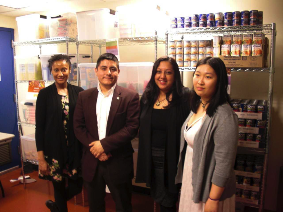 From left to right: Shovaine Singh, Student Coordinator for Lehman Food Bank; David Charcape, Assistant Director of Campus Life; Suzette Ramsundar, Associate Director of Campus Life and Coordinator of the H.H.L. Leadership Development Center; Lilian Yang, Graduate Assistant of the H.H.L. Leadership Development Center. Photo by Leonel Henriquez.