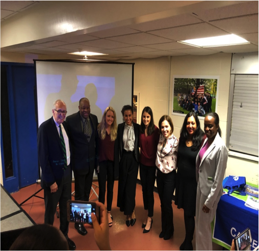 Enthusiastic MSNBC journalists Daniela Pierre-Bravo, Devyn Rafols-Nuñez, Lauren Coffelt and Leonor Ayala with Director of Student Life, Michael E. Sullivan after the panel discussion. Photo by Hector Bello.