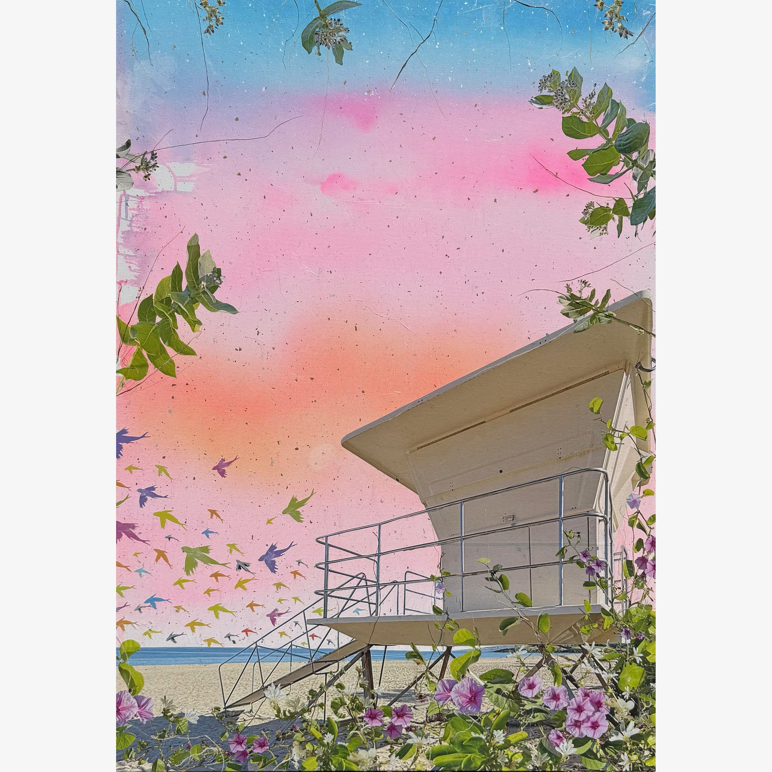 All the horizons I have yet to cross,  Hāpuna,
34" x 48", Hand cut kozo prints, gouache, layered papers and fibers on canvas