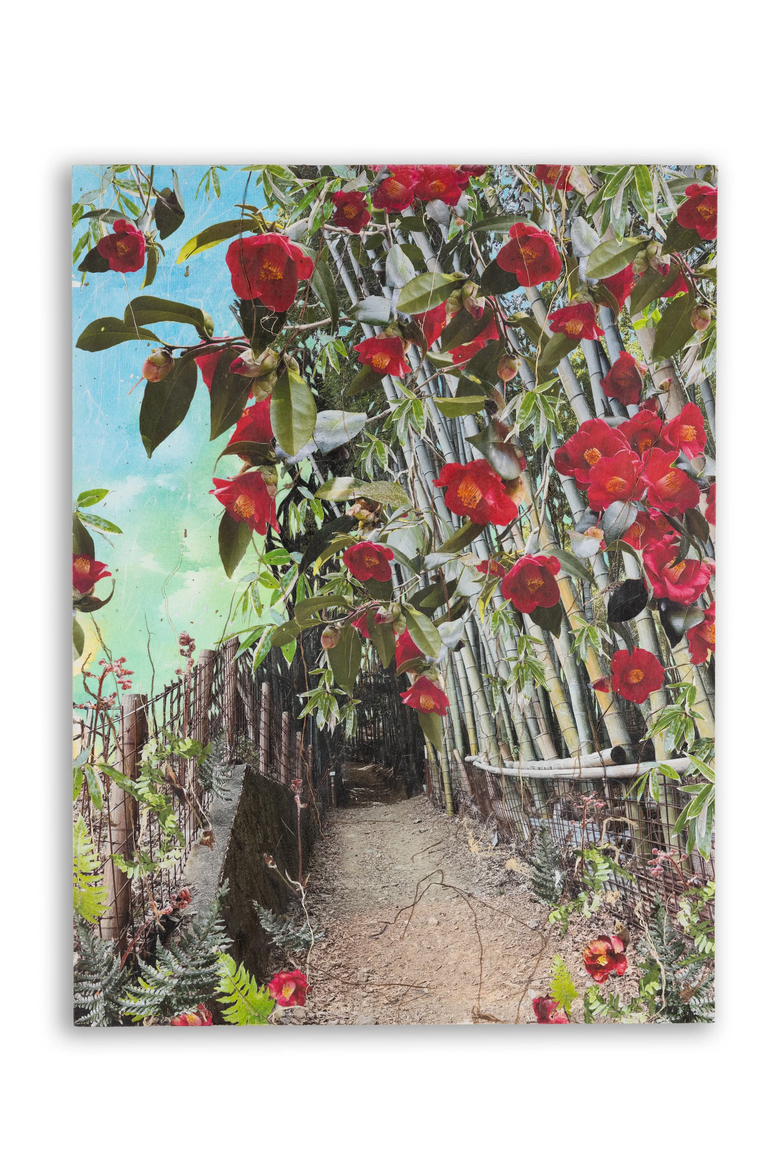 Crossings, Winter Camellias, 18" x 24" Hand cut kozo prints, gouache, layered papers and fibers on panel

Available at Isaac's Art Center 