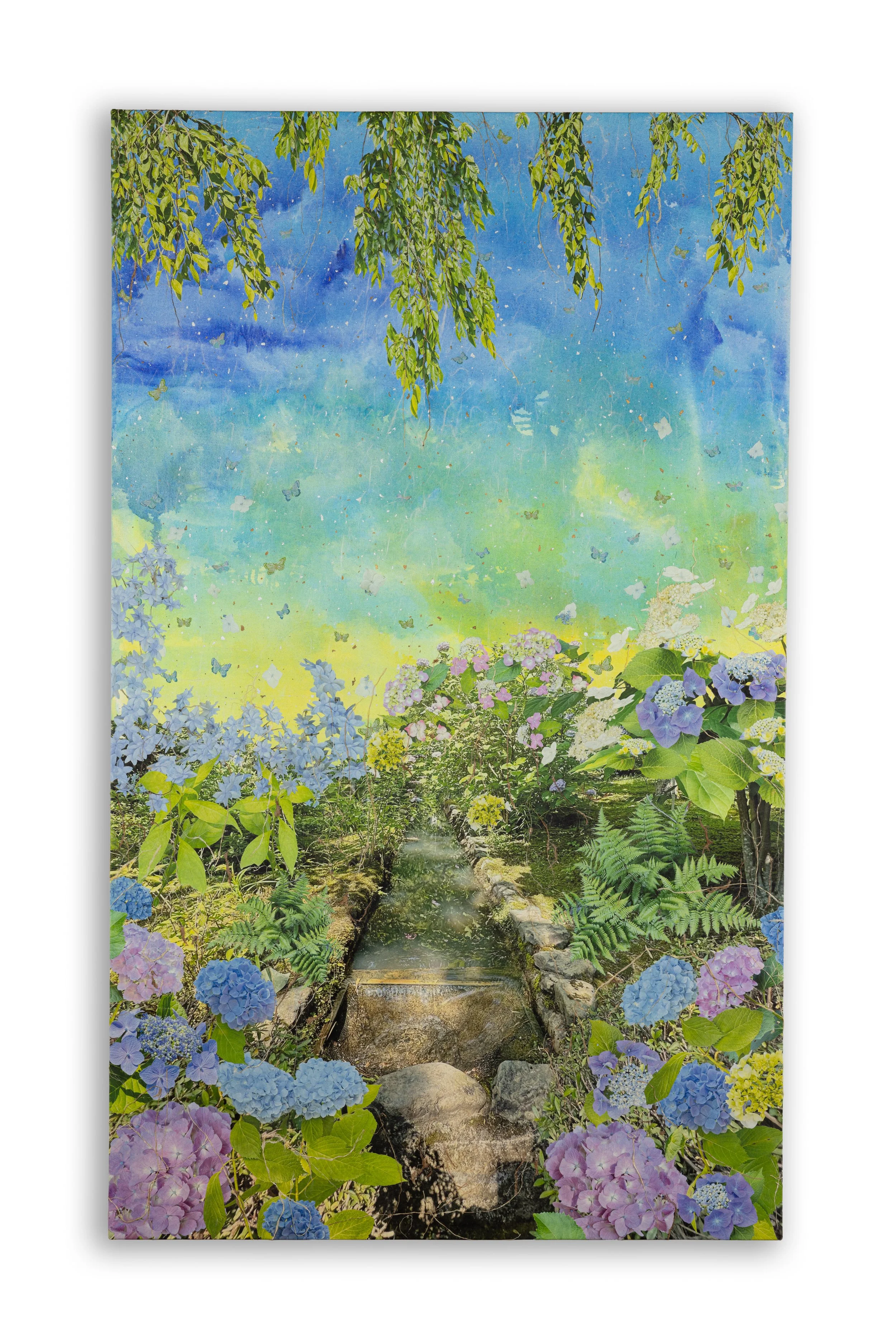 All the tears I have yet to cry, Tenryu-ji waterway with hydrangeas, 36" x 60" 