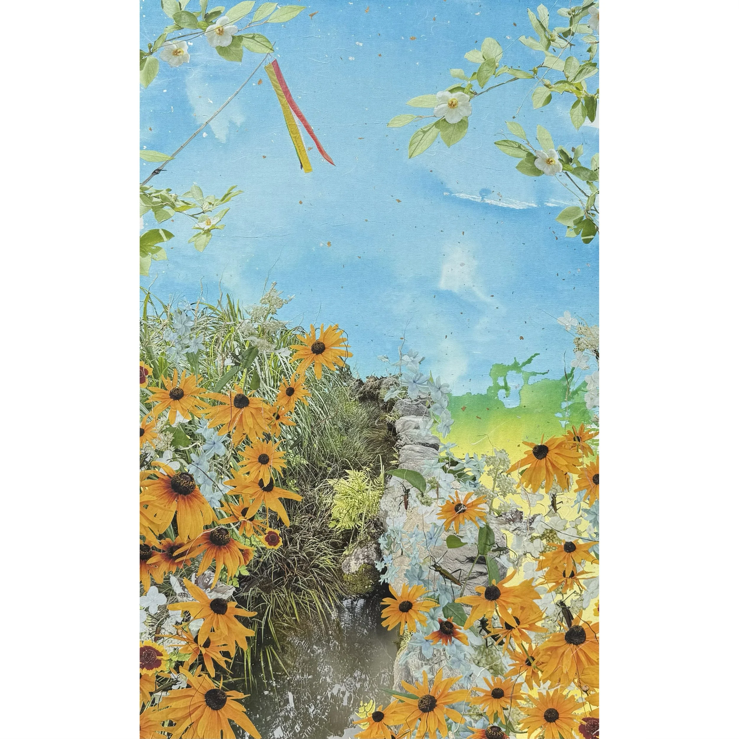 All the tears I have yet to cry, Arashiyama Summer, 23" x 37", Hand cut kozo prints, gouache, layered papers and fibers on canvas

Available at Tiffany's Art Agency