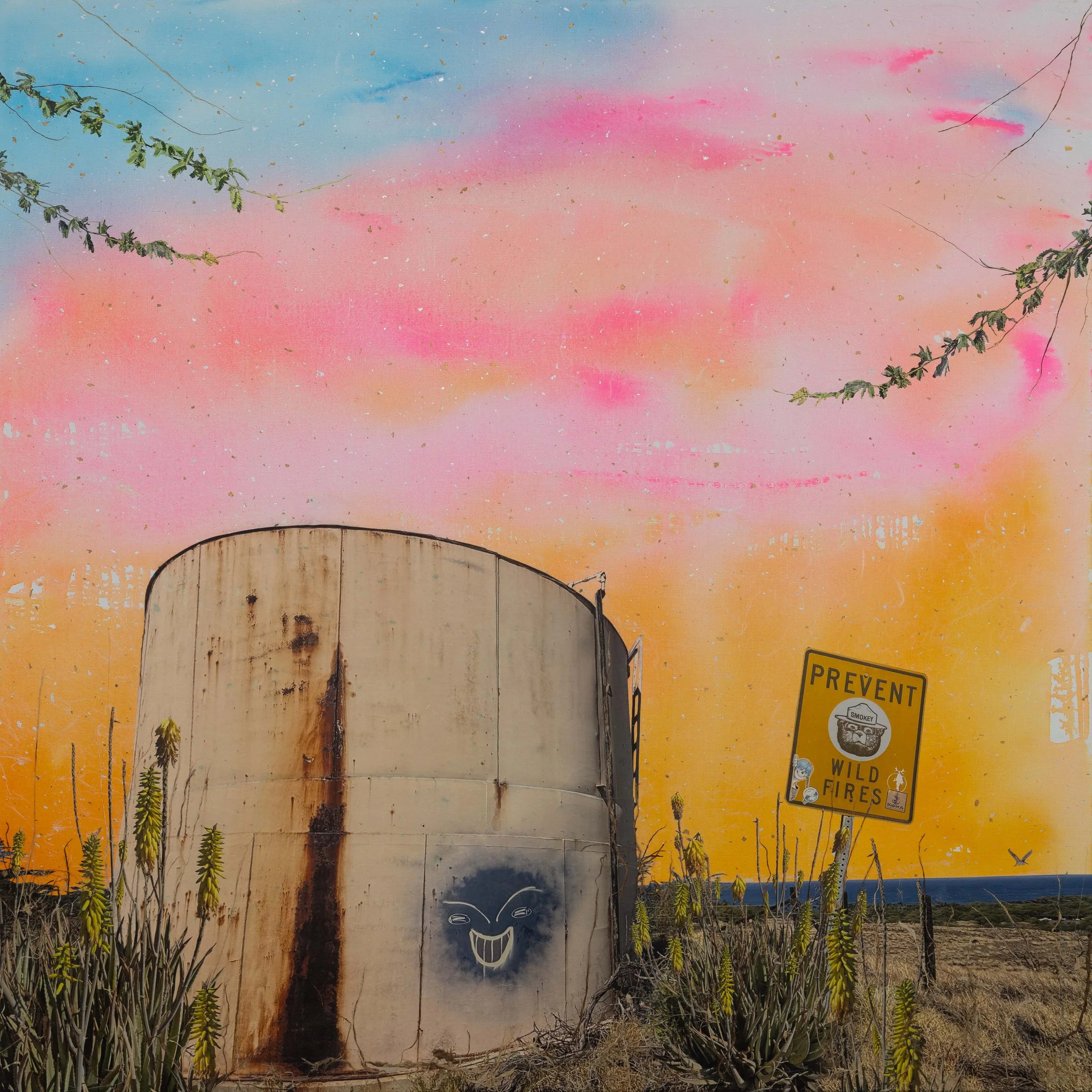 Containment Landscape Series, Puakō- Fire Season, 48" x 48", Hand cut kozo prints, gouache, layered papers and fibers on canvas