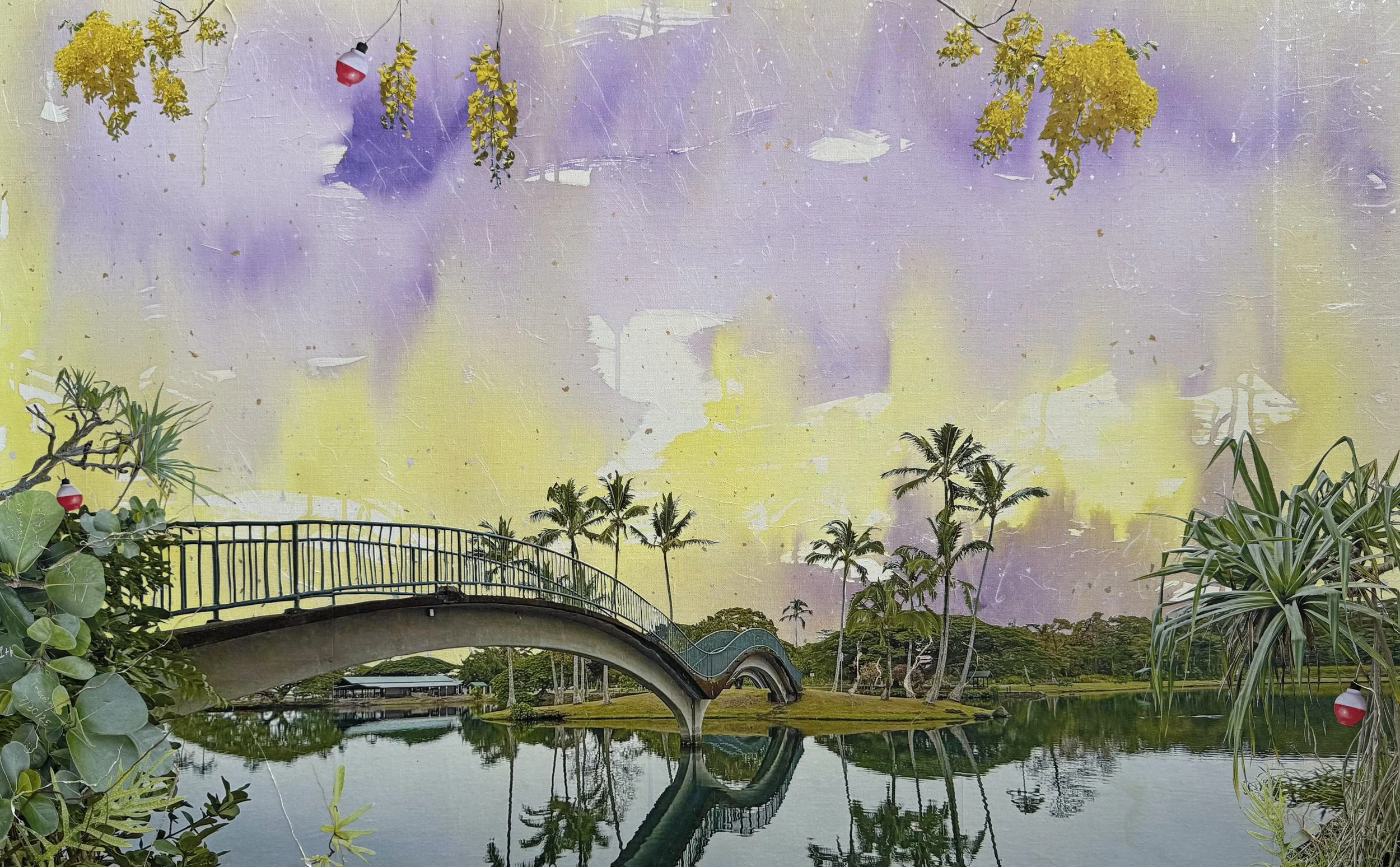 Crossings, Wailoa River #2, 42" x 28", Hand cut kozo prints, gouache, layered papers and fibers on canvas