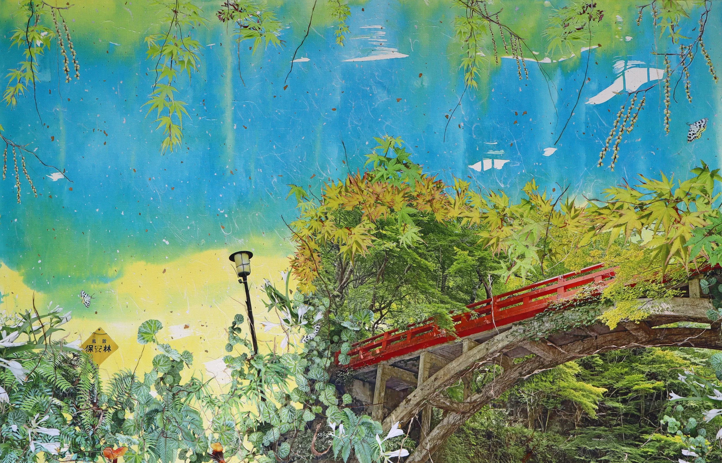 Crossings, Crossings, bridge to Saimyō-ji Temple, 42" x 28" Gouache, layered papers, hand-cut kozo prints on linen