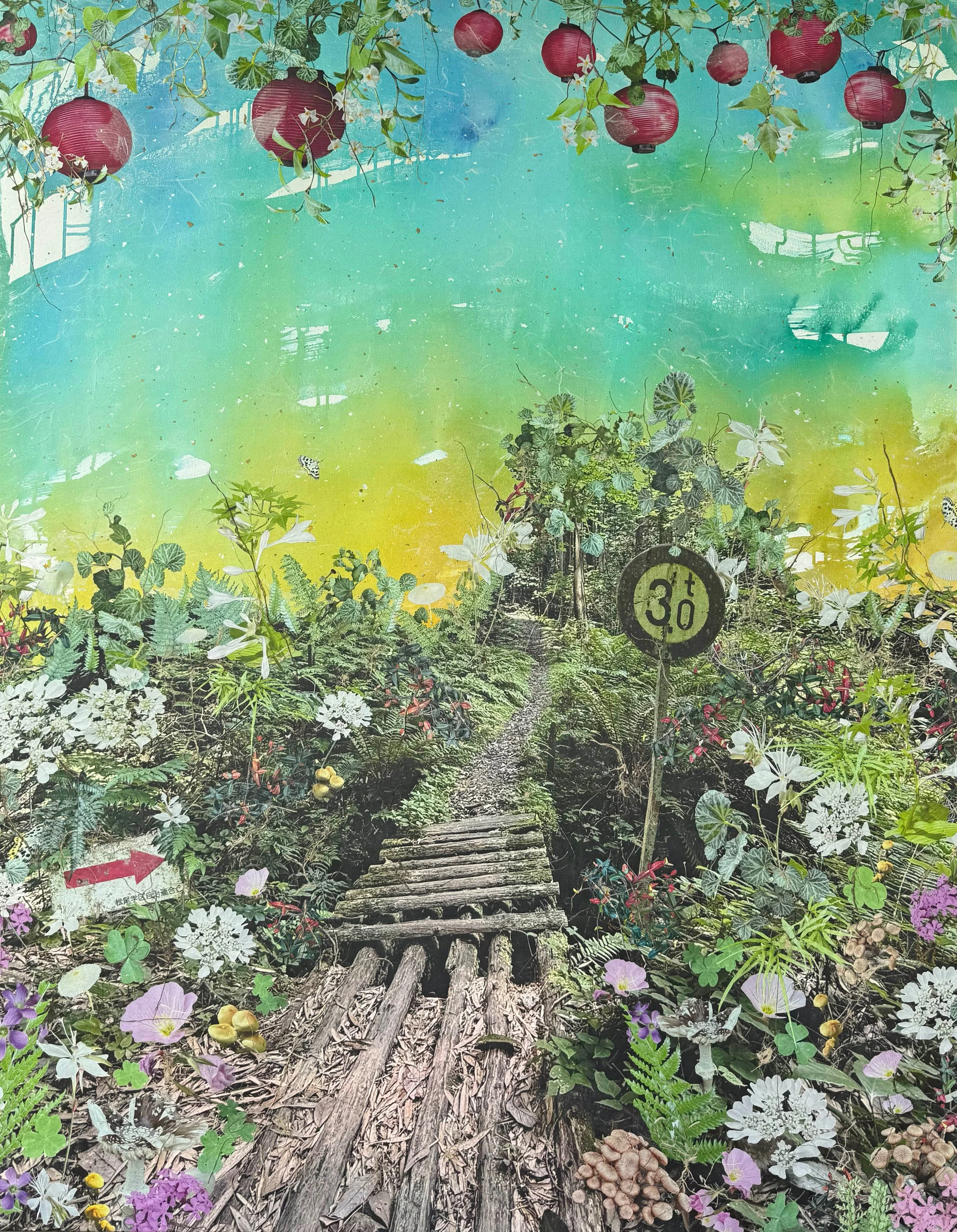 The path unfolds with care, 48" x 60", Hand cut kozo prints, gouache, layered papers and fibers on canvas
