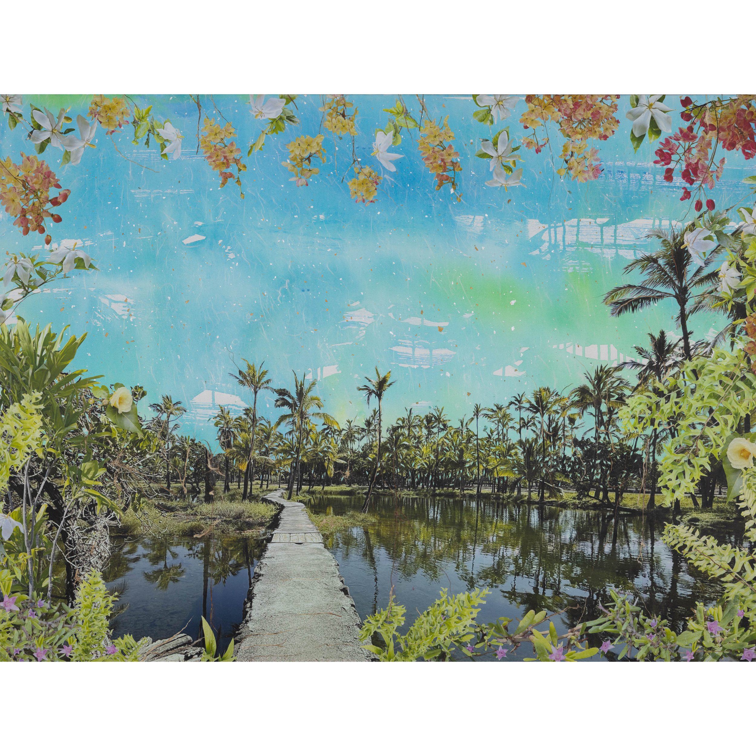 Crossings, Kalahuipua'a Fishponds, 48" x 36", Hand cut kozo prints, goauche, layered papers and fibers on canvas