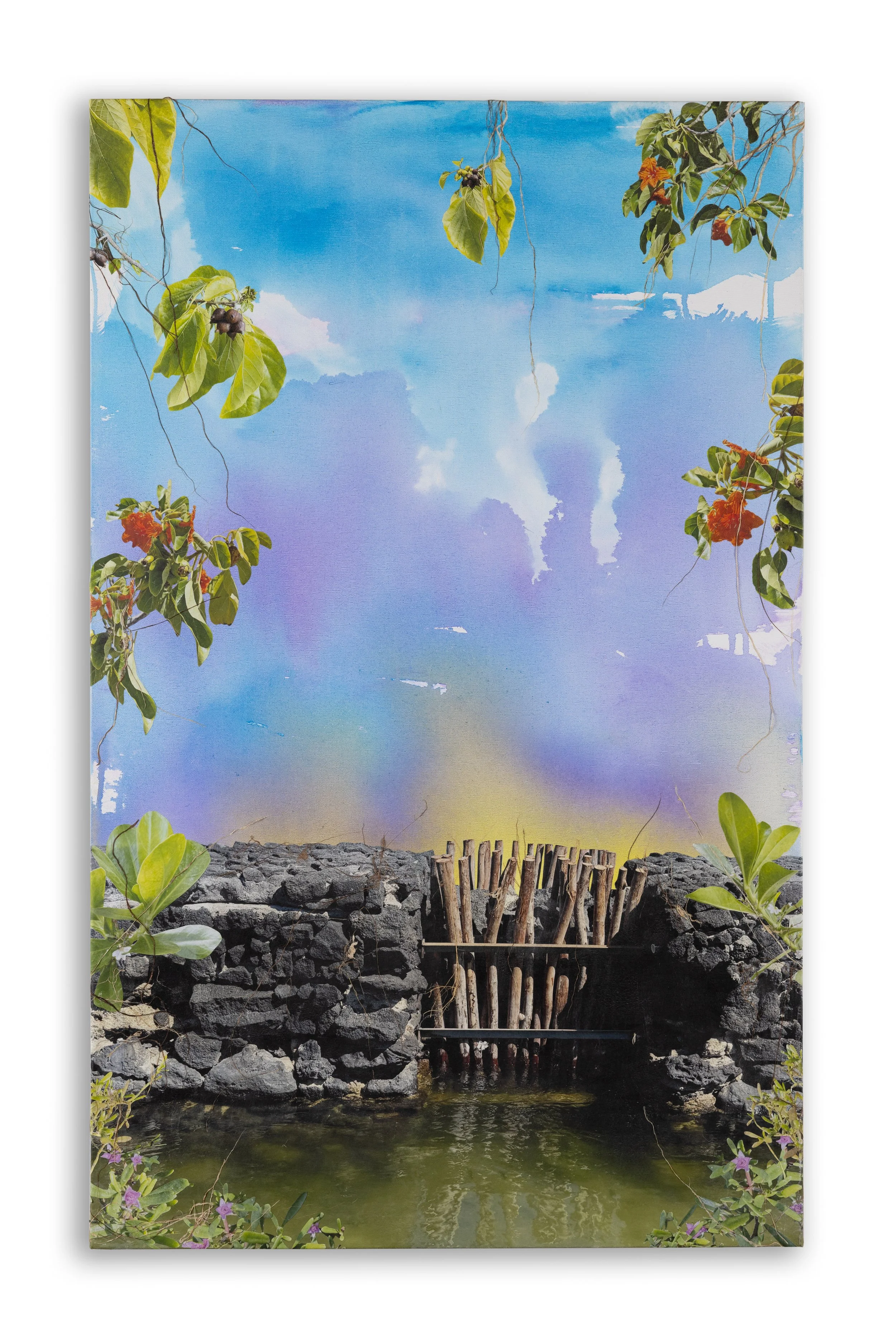 Mākāhā, Kalahuipua'a Fishponds, 23" x 37", Hand cut kozo prints, gouache, layered papers and fibers on canvas. 
Available from Tiffiny's Art Agency