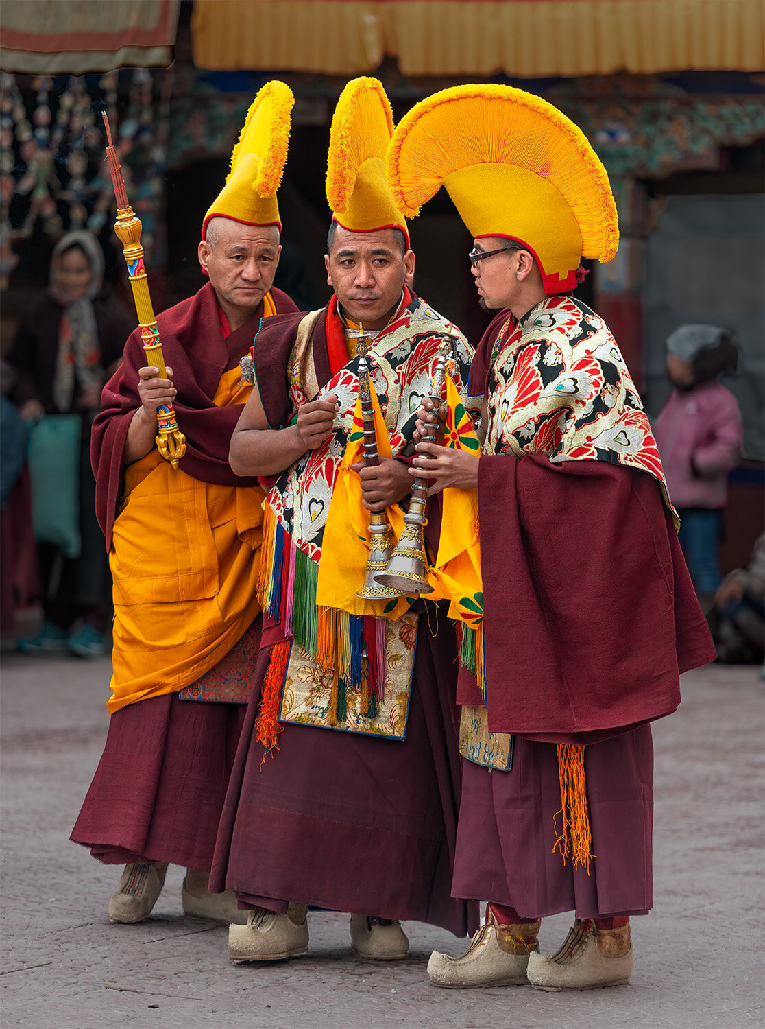   Yellow Hat (Gelug) Buddhist monks at the Gustor Festival at the Spitak Monastery in Ladakh, India  