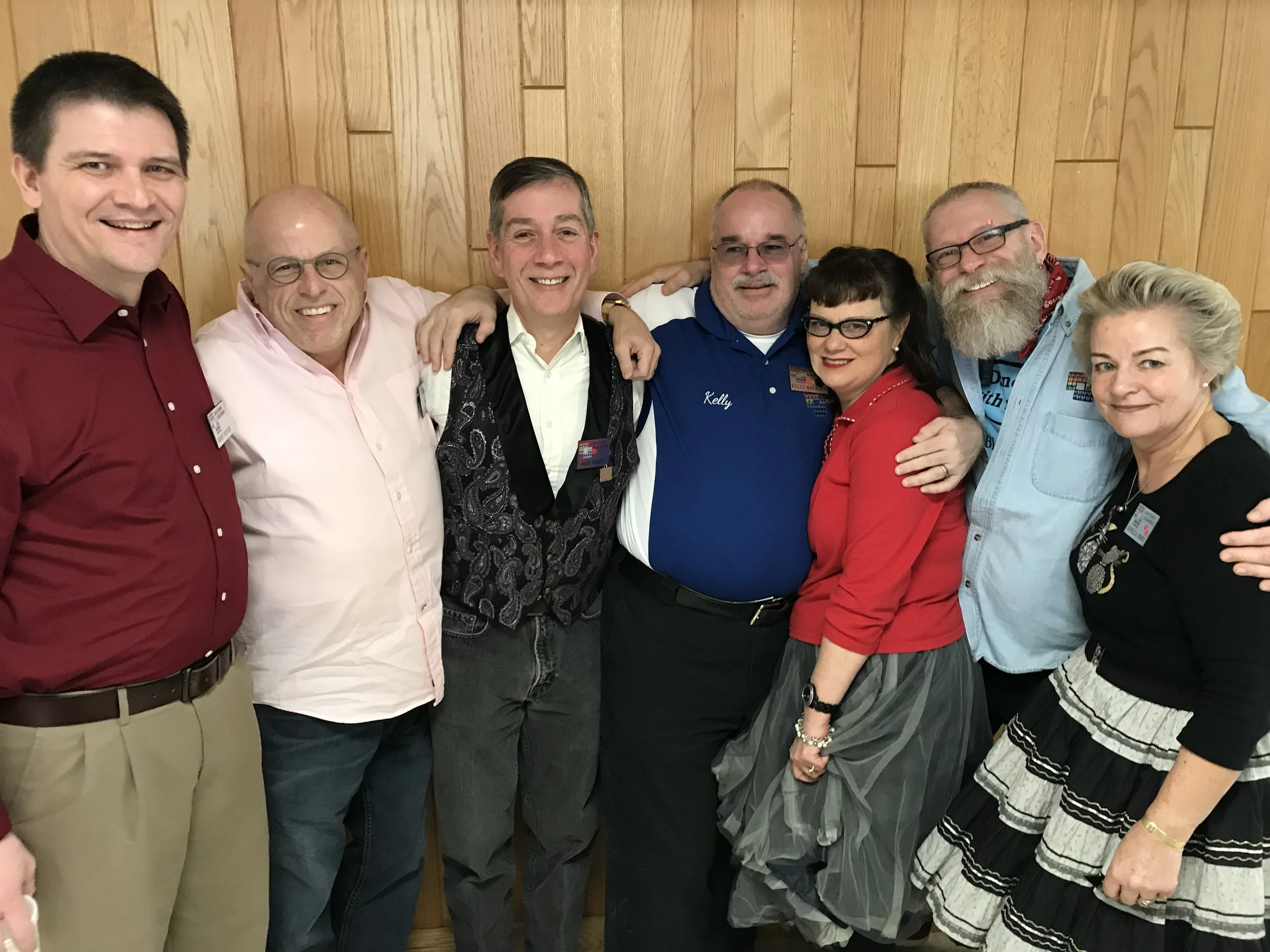Our Club Caller Bobby Poyner, Jeff, Rick, Kelley, Diva, Rich, and Gunilla at MCASD's 57th Annual Sweetheart Dance, 2/19/2017, at Trinity Lutheran Church in Roselle