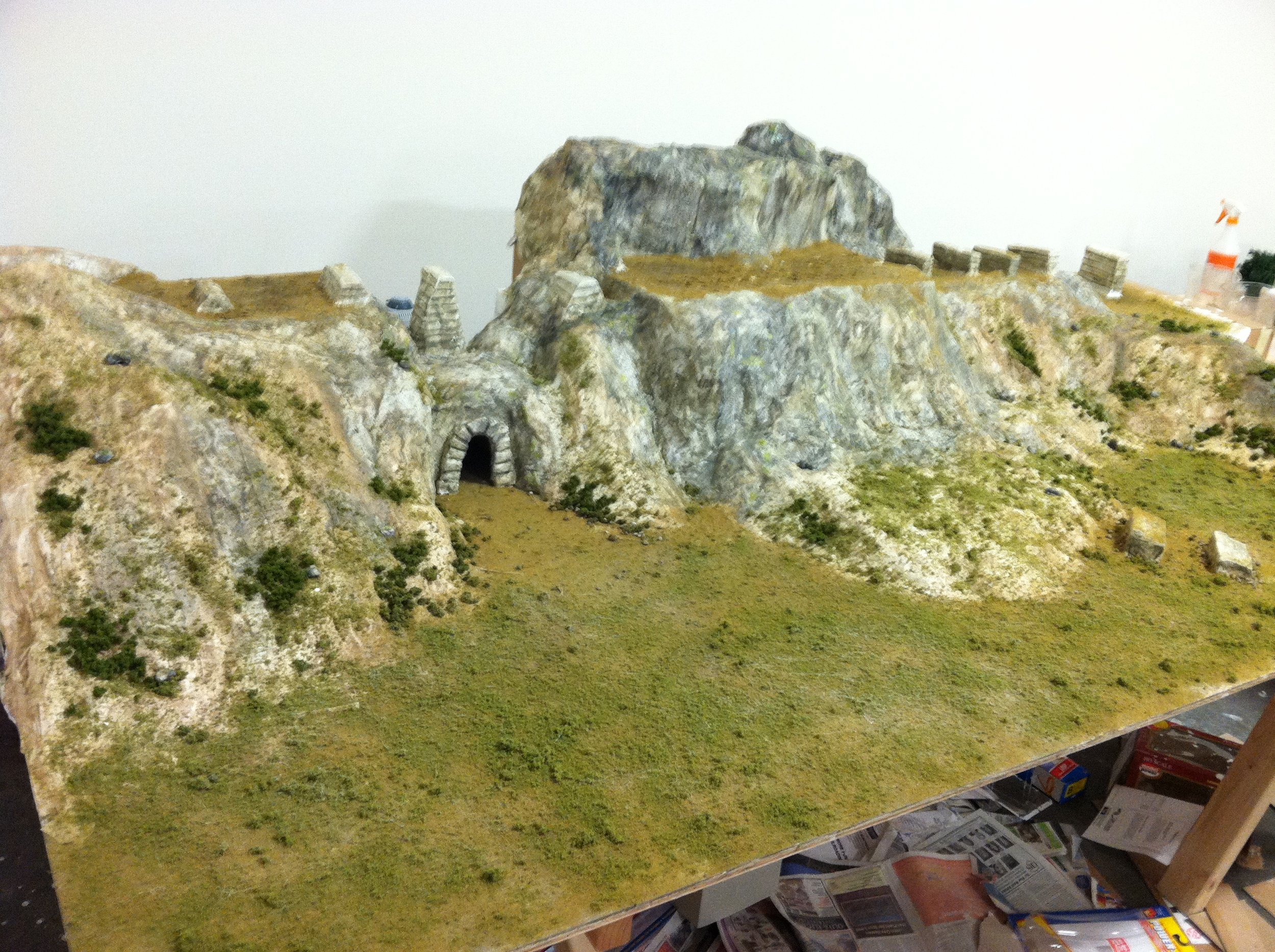 Plaster of Paris, paint & Woodland Scenics.