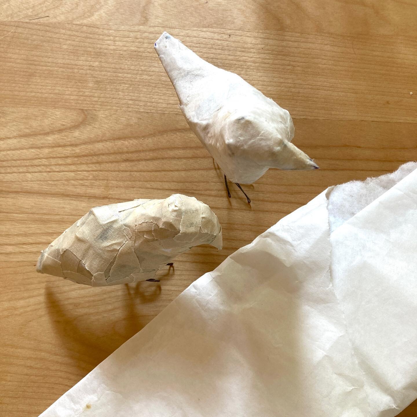 Musings about materials and process. Paper. 
I use many kinds of paper to make my recycled birds. Toilet paper rolls, packaging cardboard, and used postcards (with masking tape) make up most basic armatures and found/used decorative papers finish the