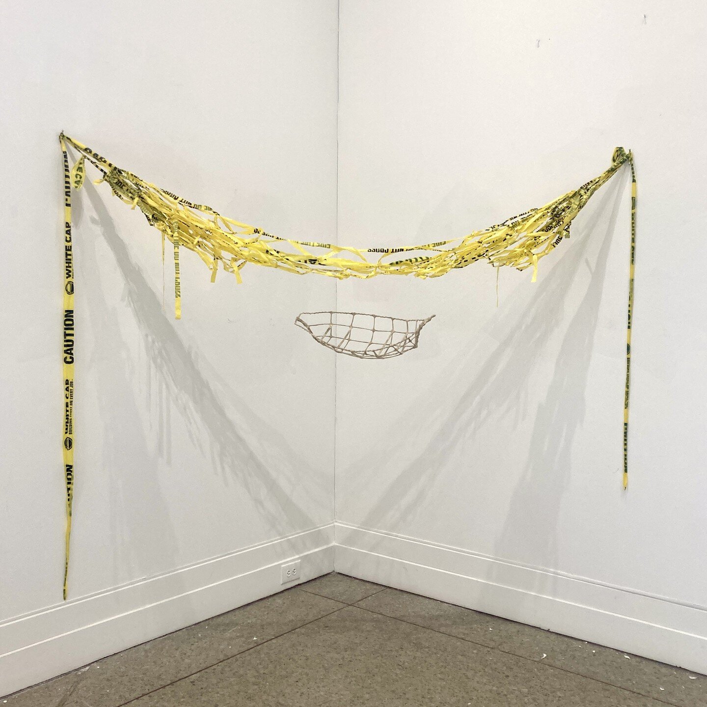 Dead in the Water, a new installation about ghost nets, rising sea waters, ocean plastics, indigenous fishing communities, and paying attention to warnings/signs. Overbeaten flax paper shrunk over steel wire armature, netted reused plastic caution ta