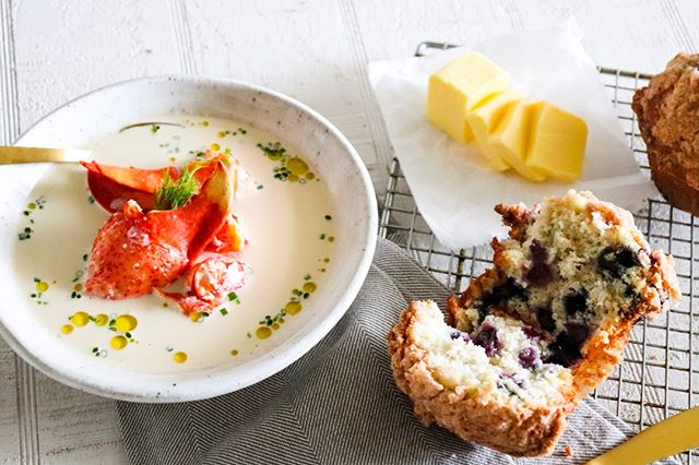 Soup 🥣 soup 🥣 soup 🥣. Tis the season for simmering and stewing for chowders and bisques. ⁠
This is a recreation of a dish we had in Portland, ME. Lobster Stew with a Blueberry Muffin. The combination is incredibly tasty and so authentically Maine.