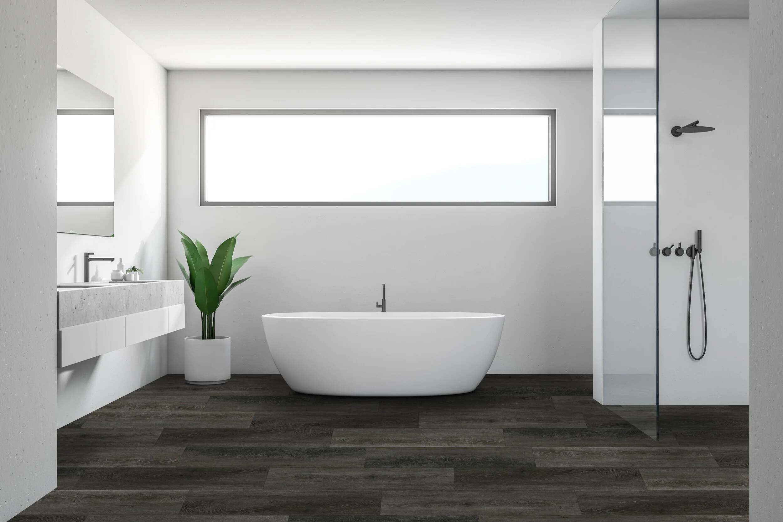 Luxury Bathroom Interior With White Walls, A Tiled Black Floor, A White Bathtub, A Shower And A Doub