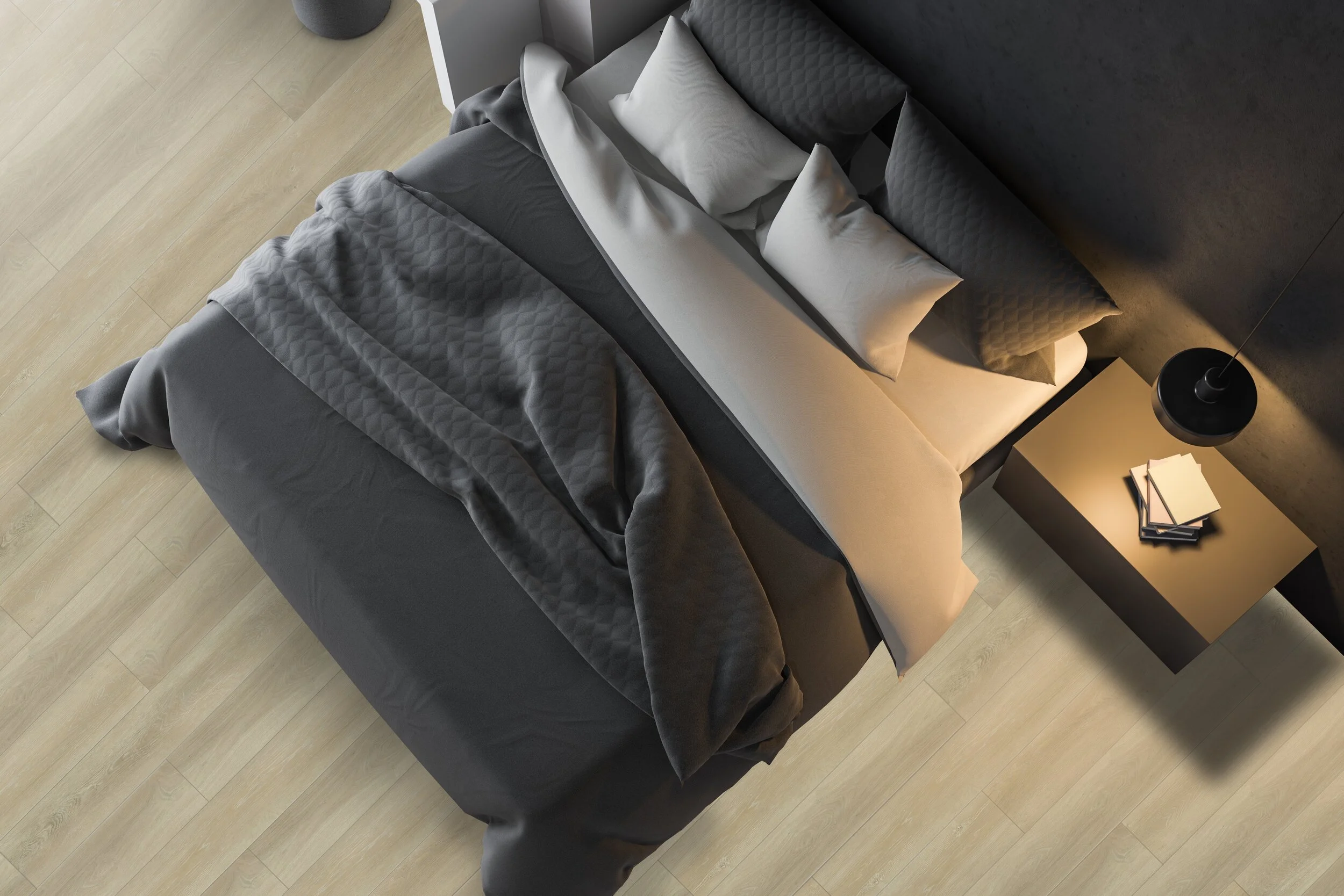 Top View Of Gray Bedroom Interior