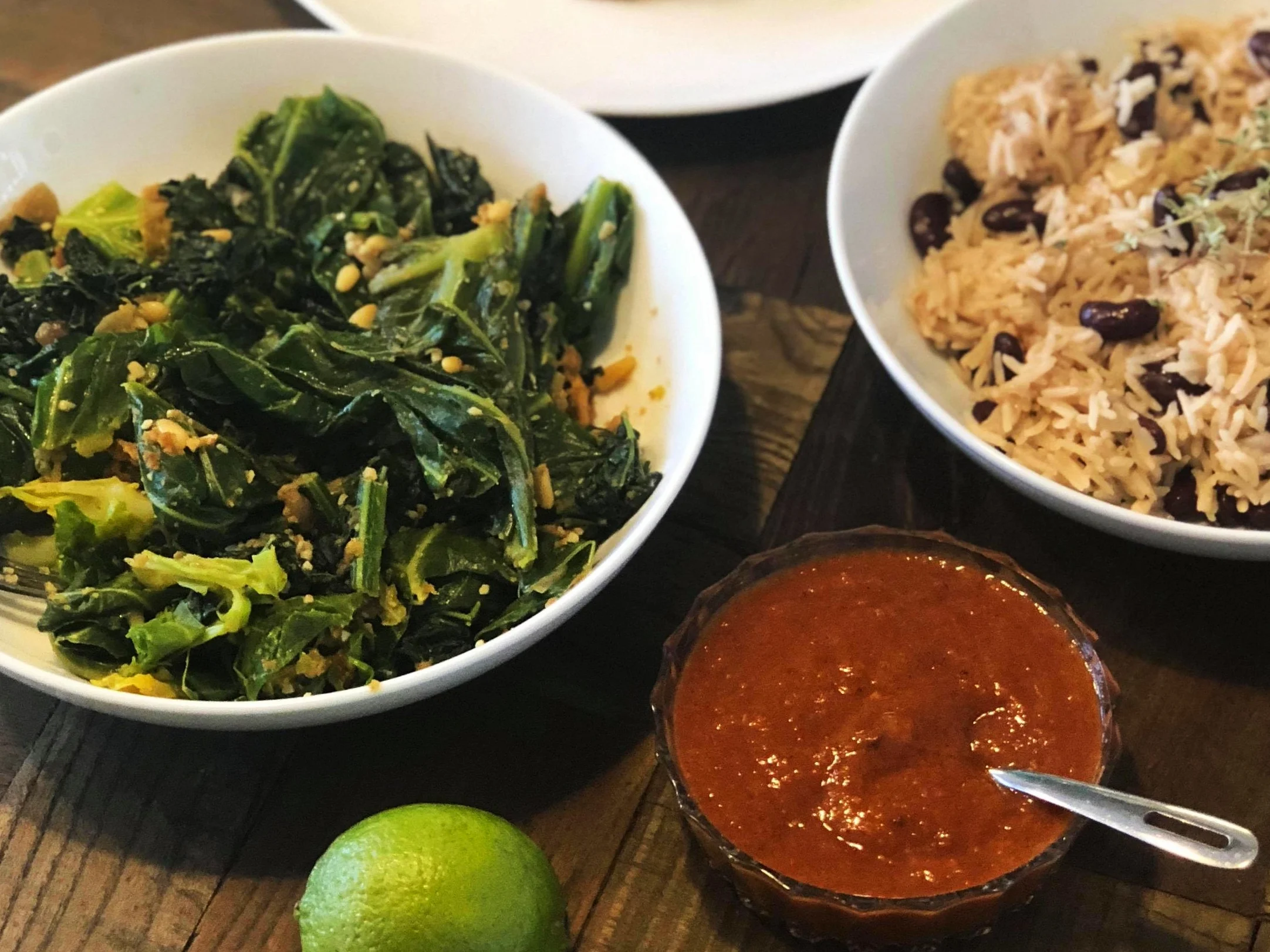Vegan Jerk, Greens + Rice &amp; Peas